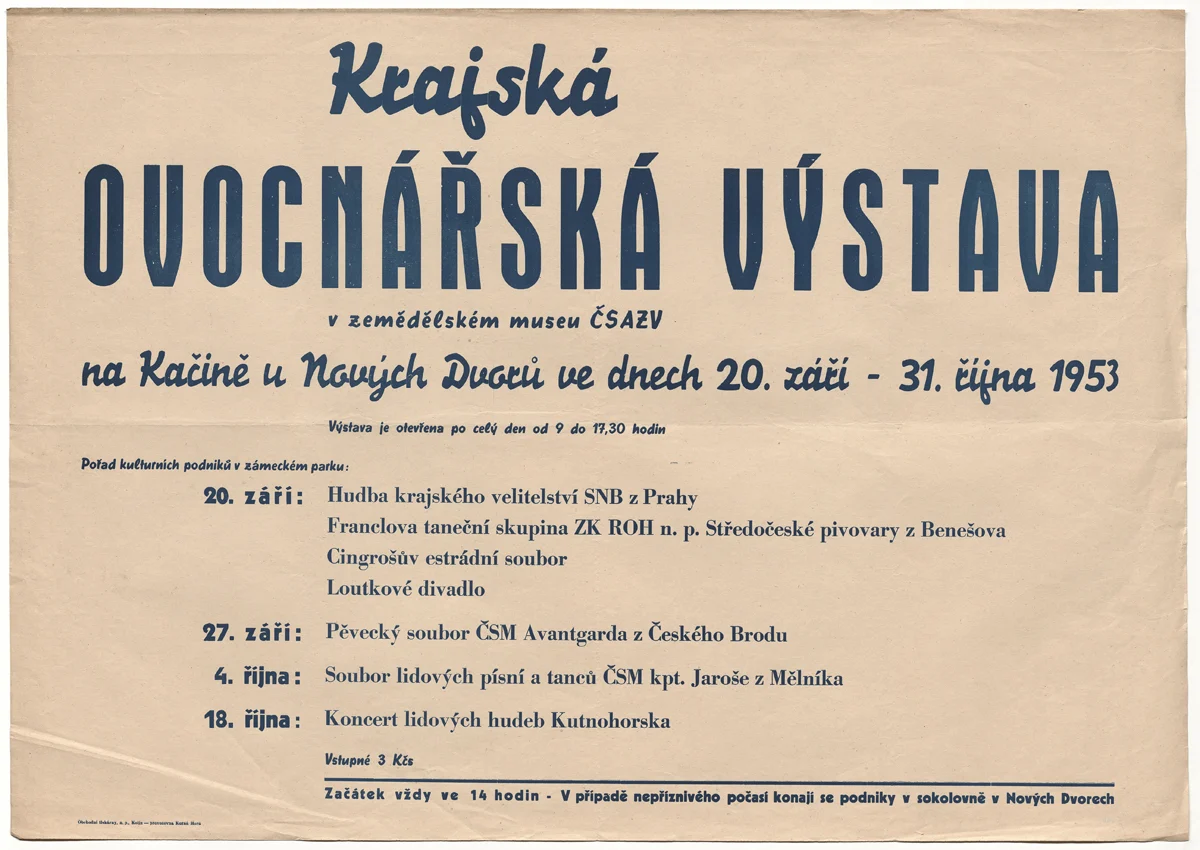 Náhledový obrázek předmětu Krajská ovocnářská výstava v zemědělském muzeu ČSAZV na Kačině 20. září - 31. říjen 1953