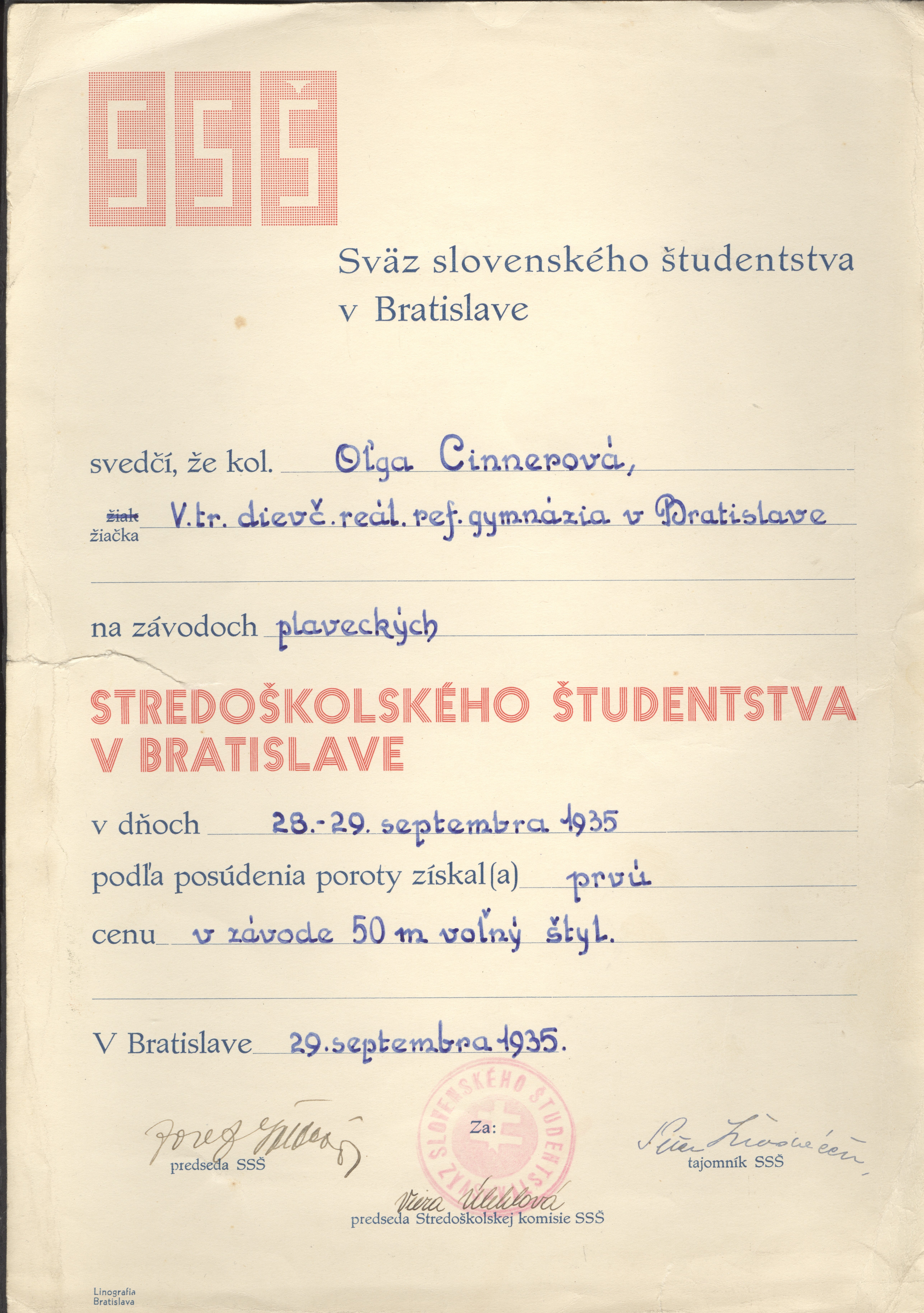 Náhledový obrázek Sväz slovenského študentstva v Bratislave. Plavecké závody - 1