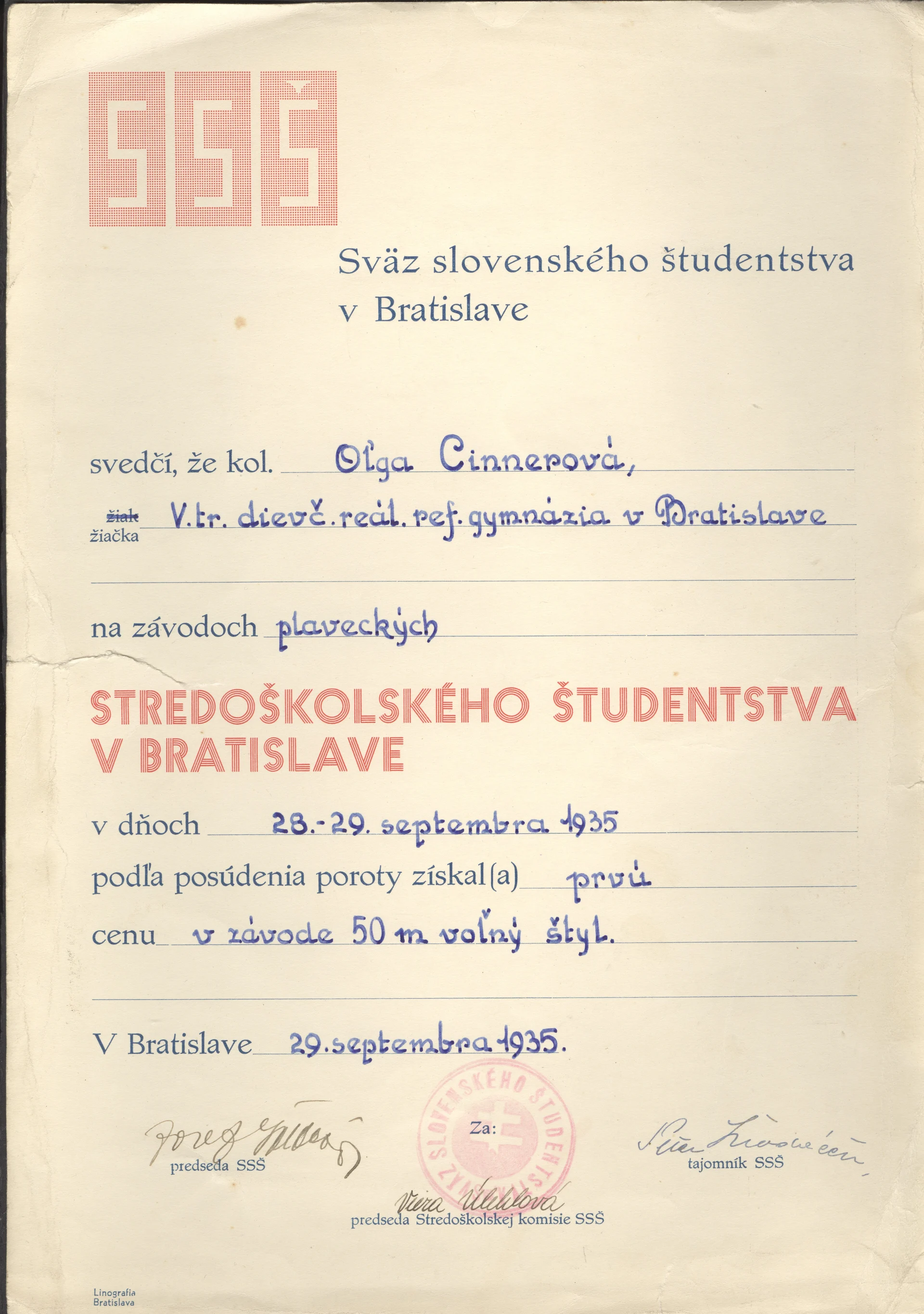 Náhledový obrázek předmětu Sväz slovenského študentstva v Bratislave. Plavecké závody