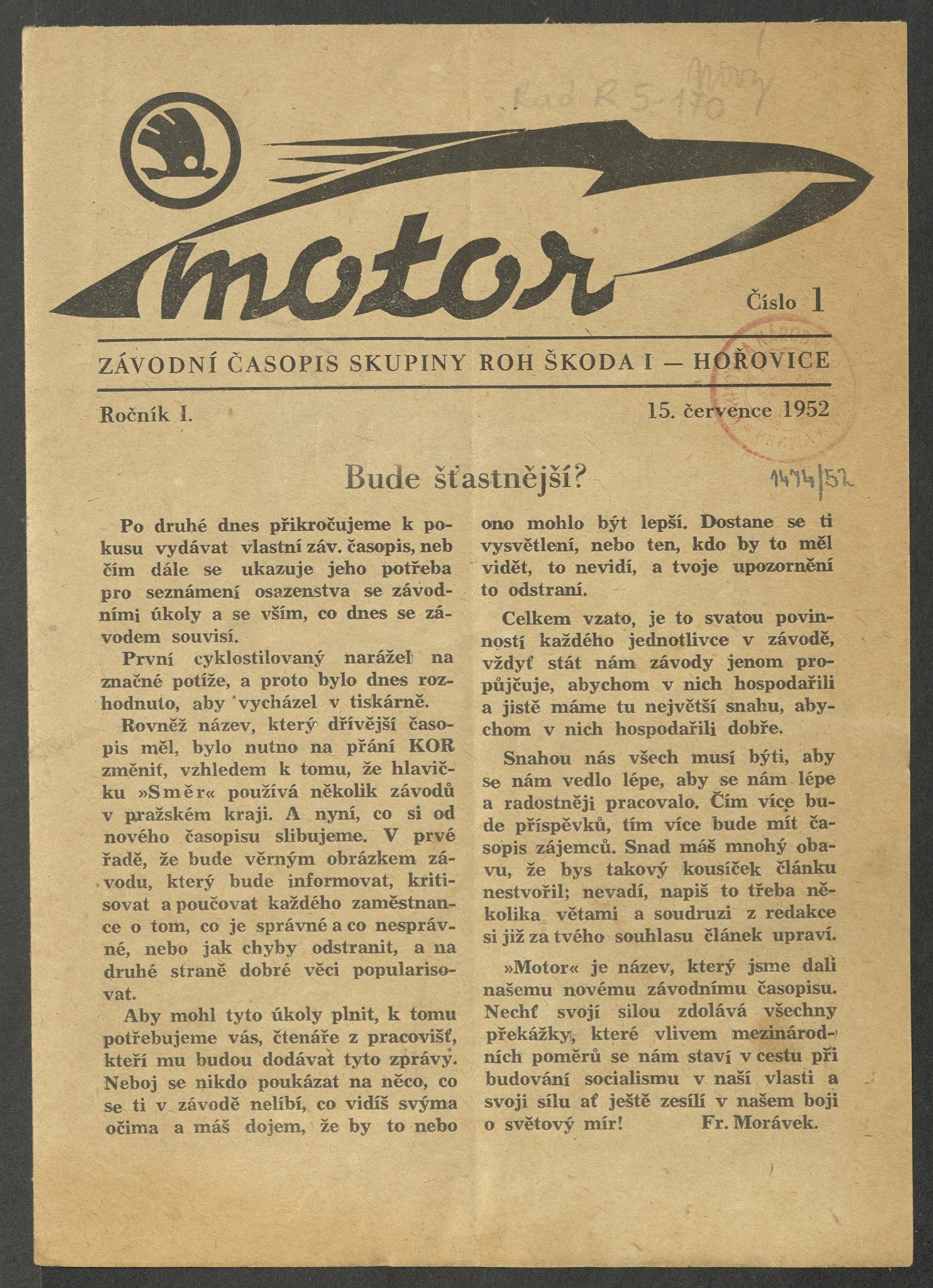 Náhledový obrázek Motor, rok 1952, číslo 1 - 1