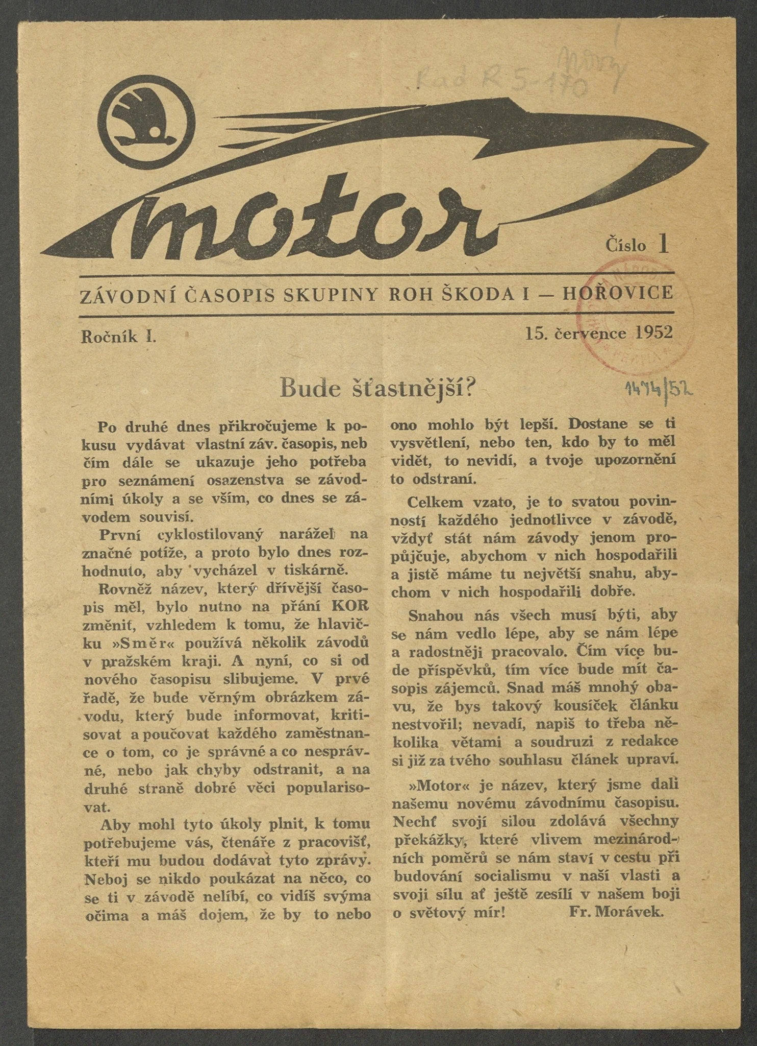 Náhledový obrázek předmětu Motor, rok 1952, číslo 1