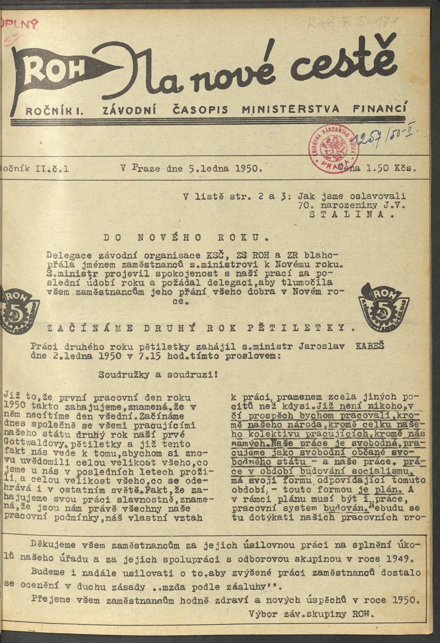 Náhledový obrázek Na nové cestě, rok 1950, číslo 1 - 1