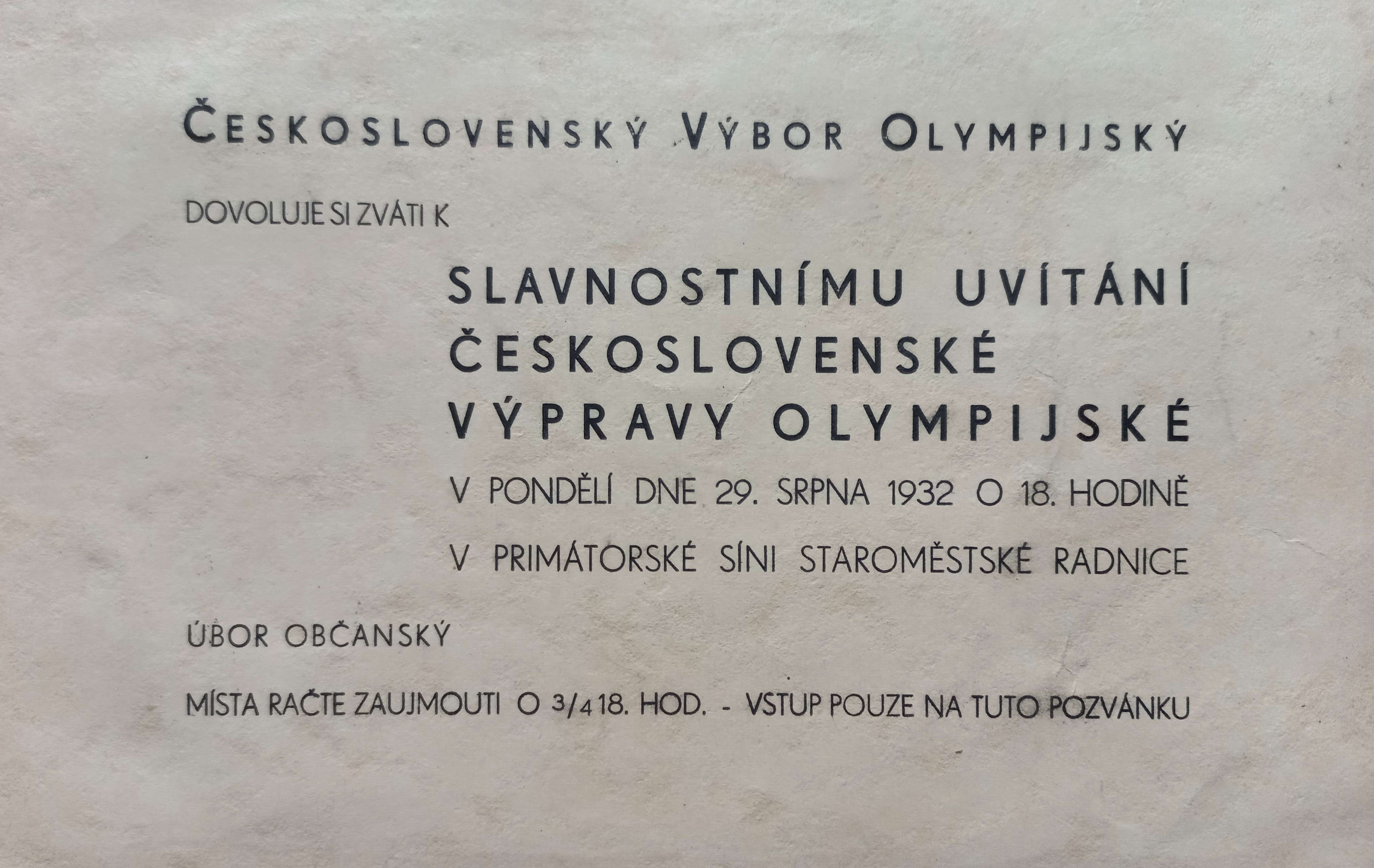 Náhledový obrázek Pozvánka k slavnostnímu uvítání československé olympijské výpravy - 1