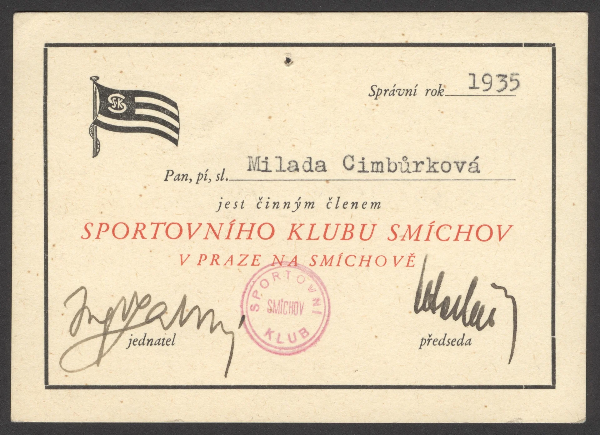 Náhledový obrázek předmětu S. K. Smíchov. Legitimace