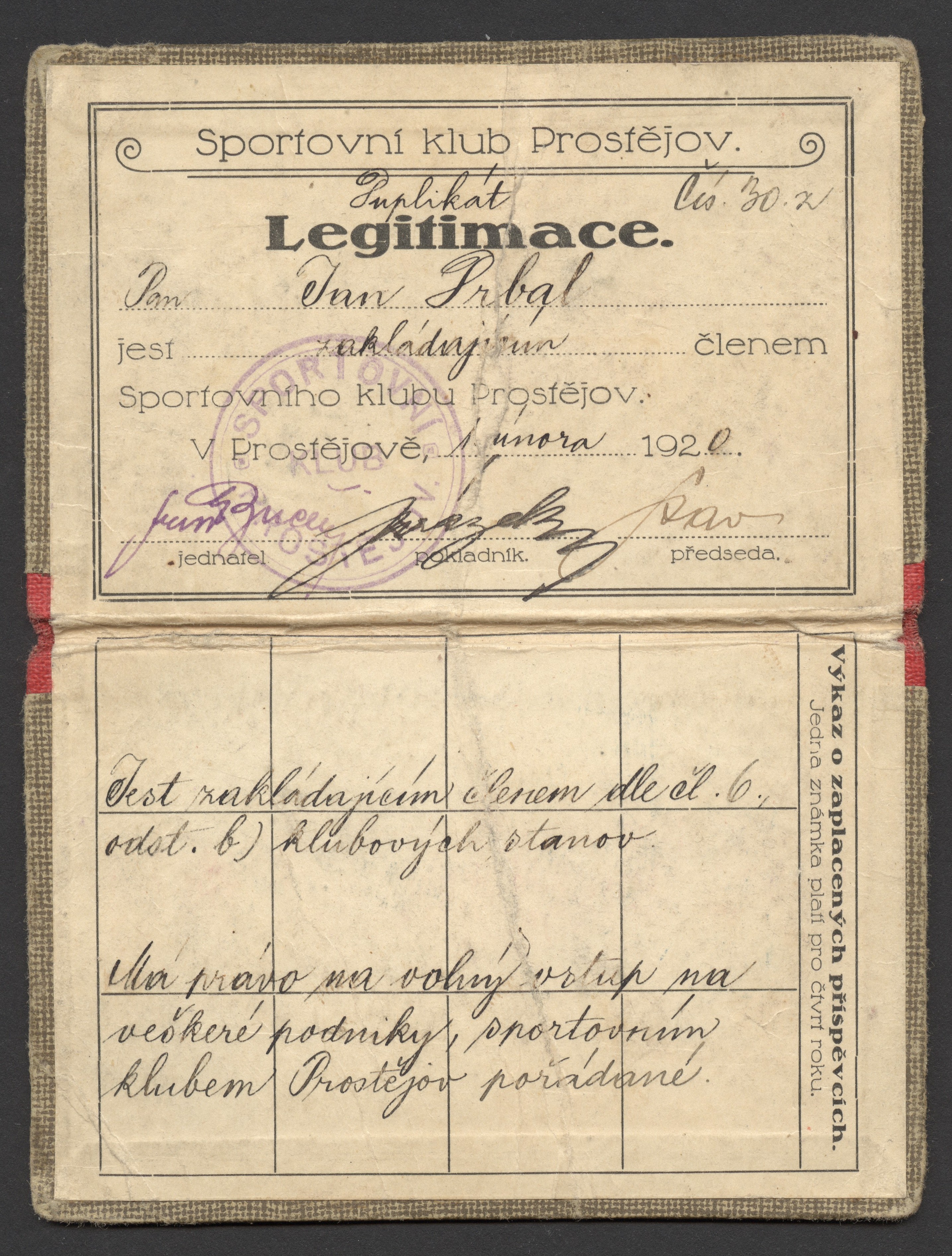 Náhledový obrázek S. K. Prostějov. Legitimace - 1