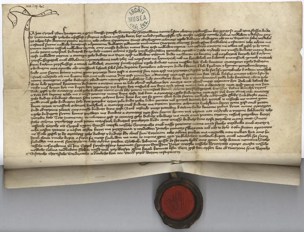Náhledový obrázek předmětu Listina Jana Čapka ze Sán, 27. 5. 1432