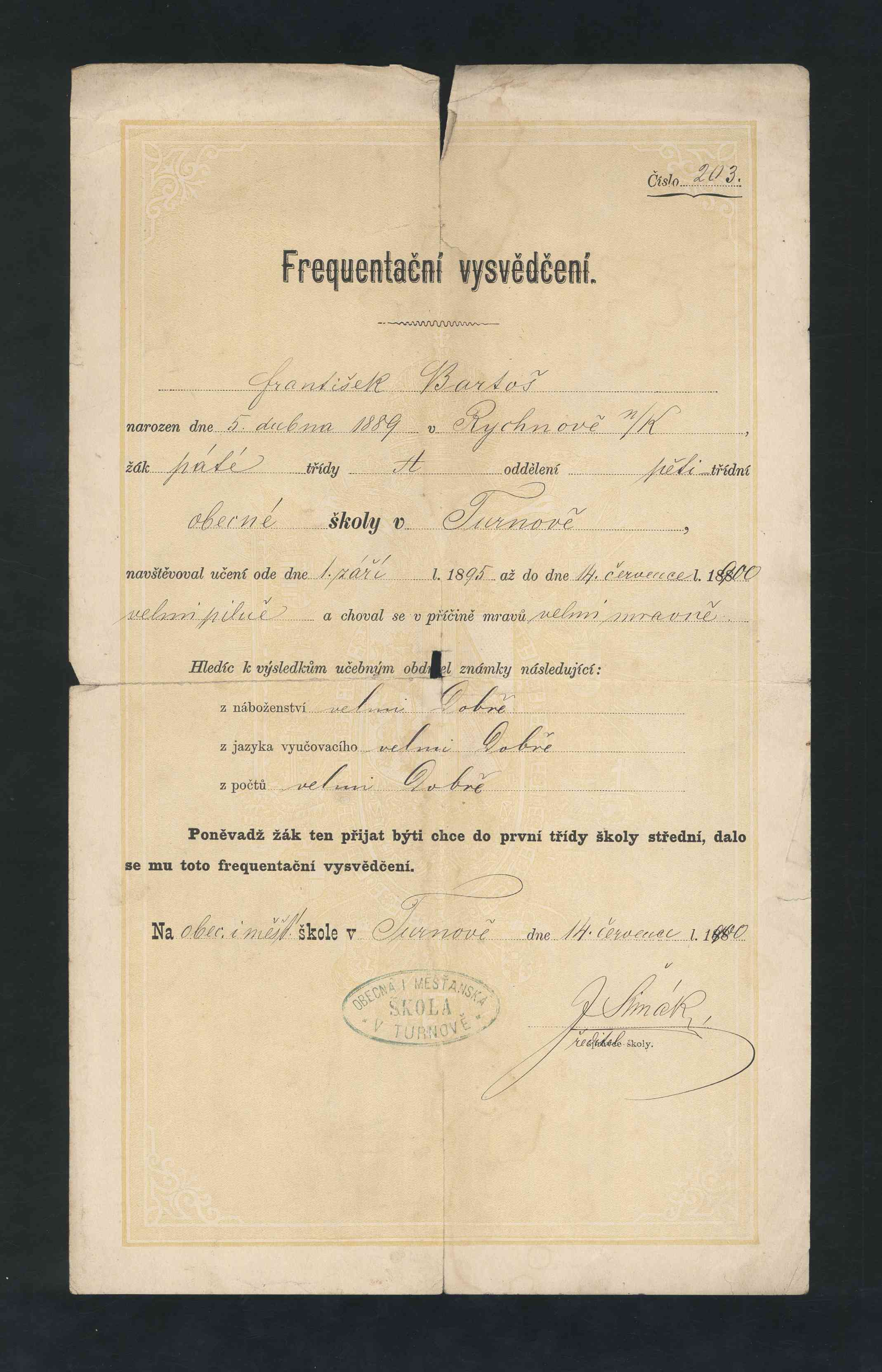 Náhledový obrázek Frekventační vysvědčení z obecné školy v Turnově - František Michálek Bartoš - 1