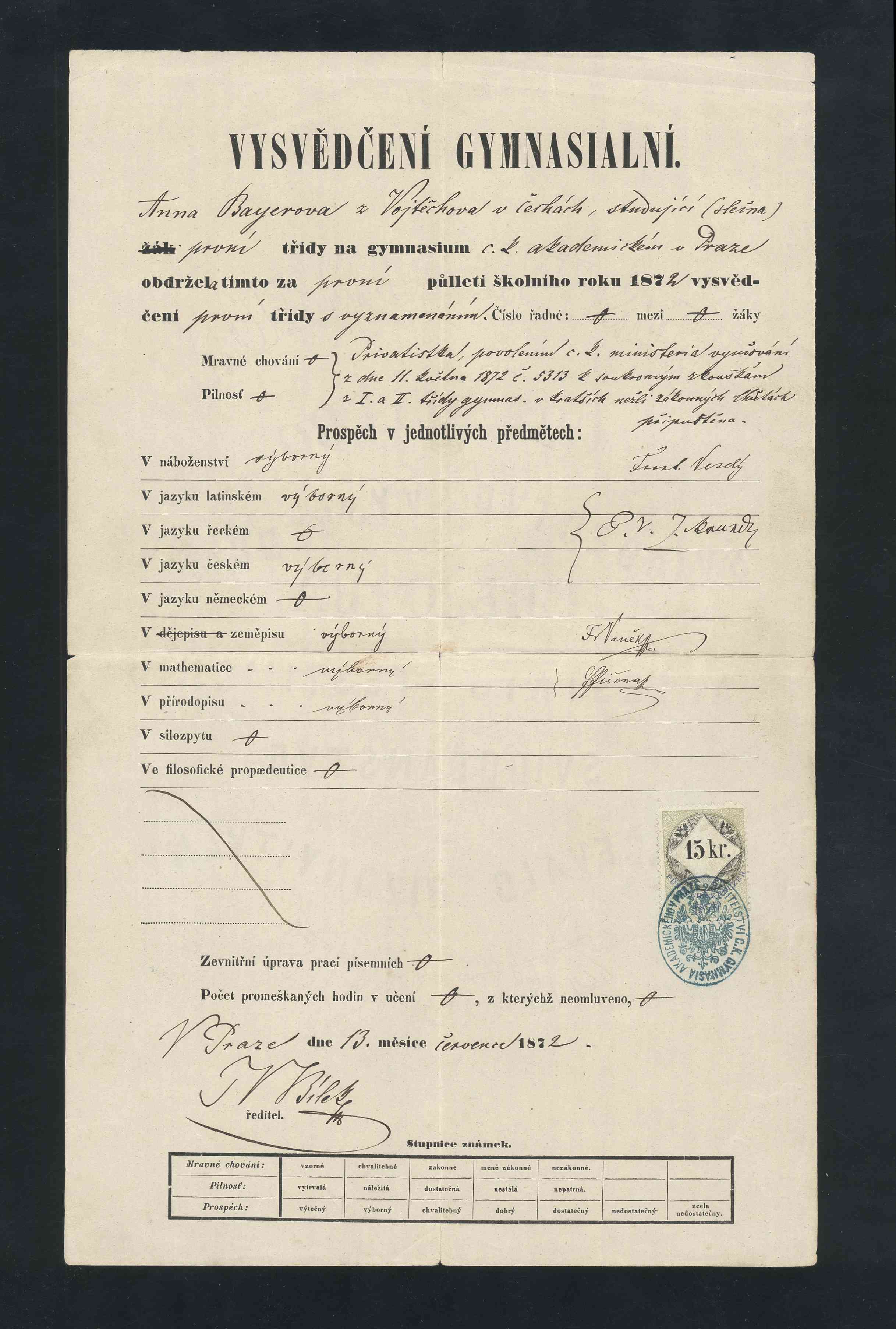 Náhledový obrázek Pololetní vysvědčení z c. k. Akademického gymnázia v Praze - Anna Bayerová - 1