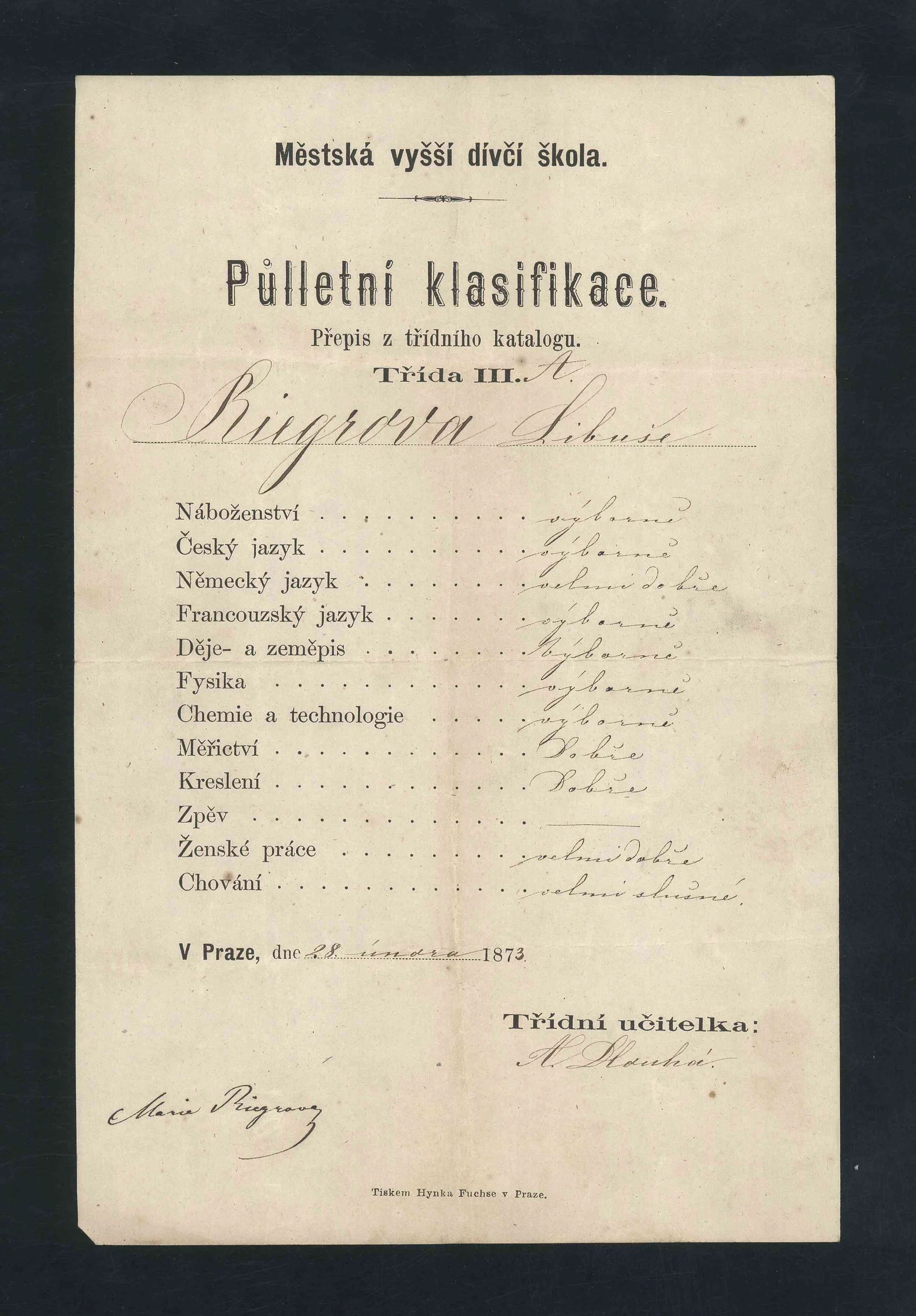 Náhledový obrázek předmětu Pololetní klasifikace z III. třídy Městské vyšší dívčí školy, Libuše Bráfová-Riegrová