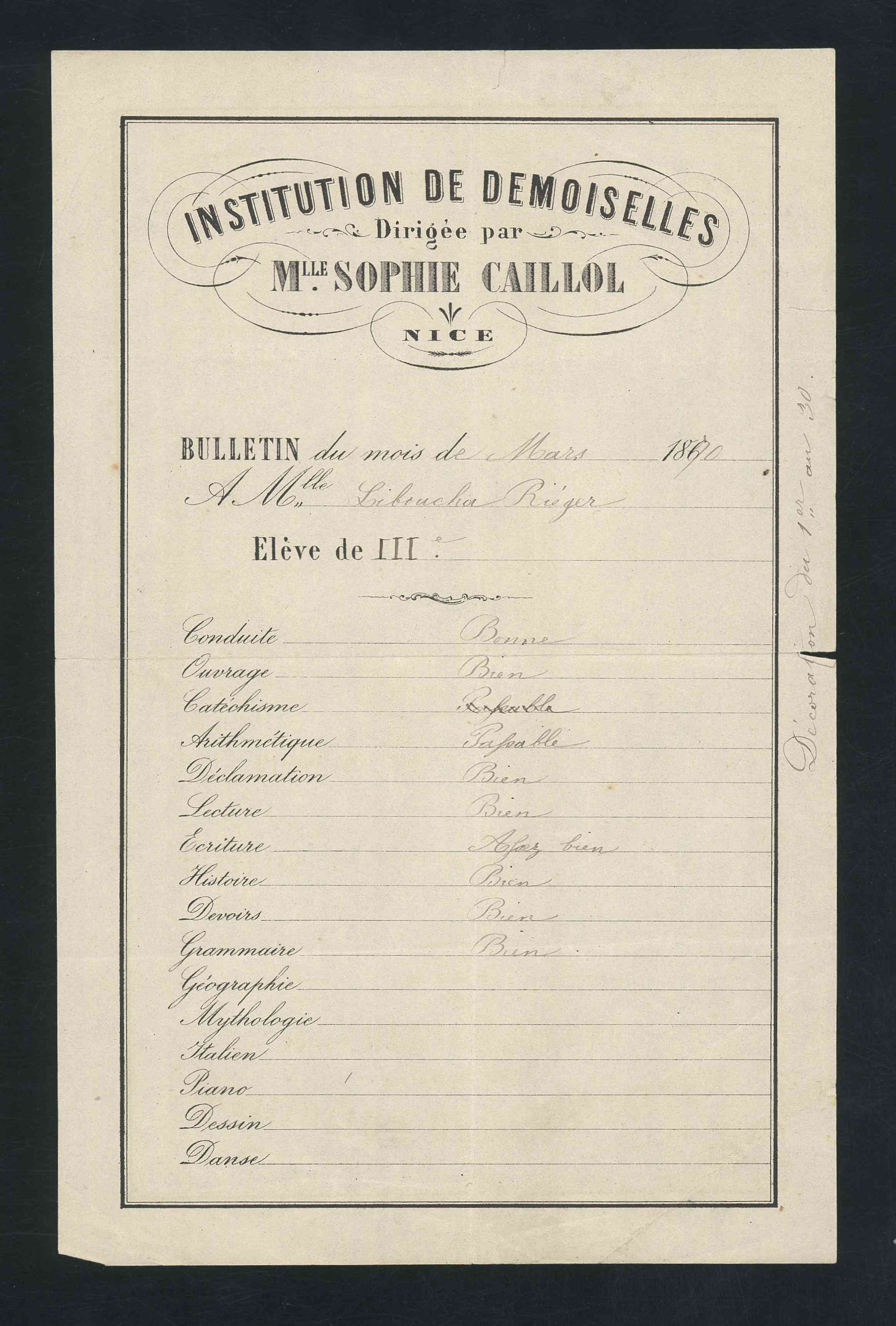 Náhledový obrázek Vysvědčení z Institution de demoiselles Sophie Caillol v Nice - Libuše Bráfová Riegrová - 1