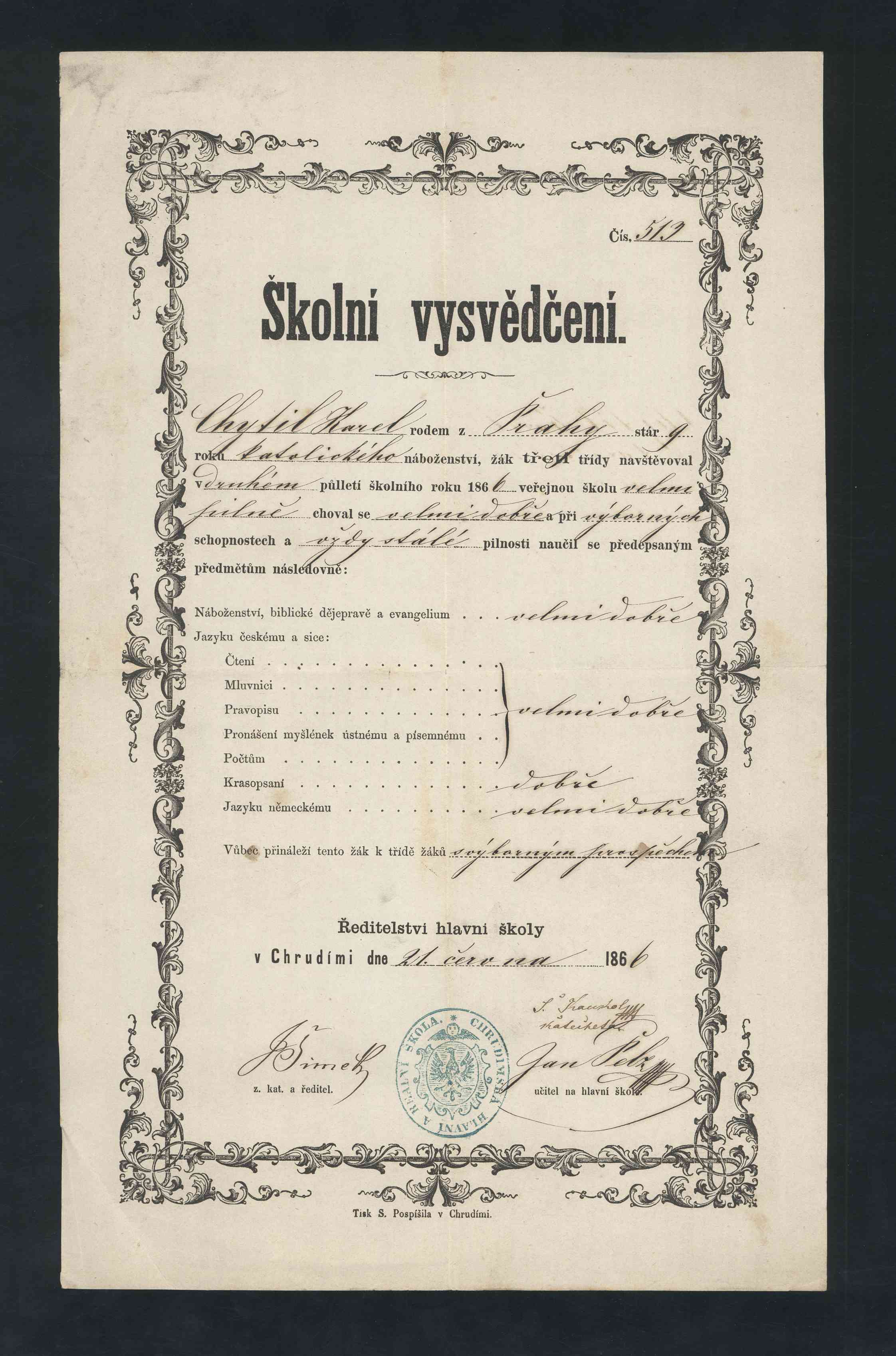 Náhledový obrázek Výroční vysvědčení z III. třídy hlavní a reálné školy v Chrudimi, Karel Chytil - 1