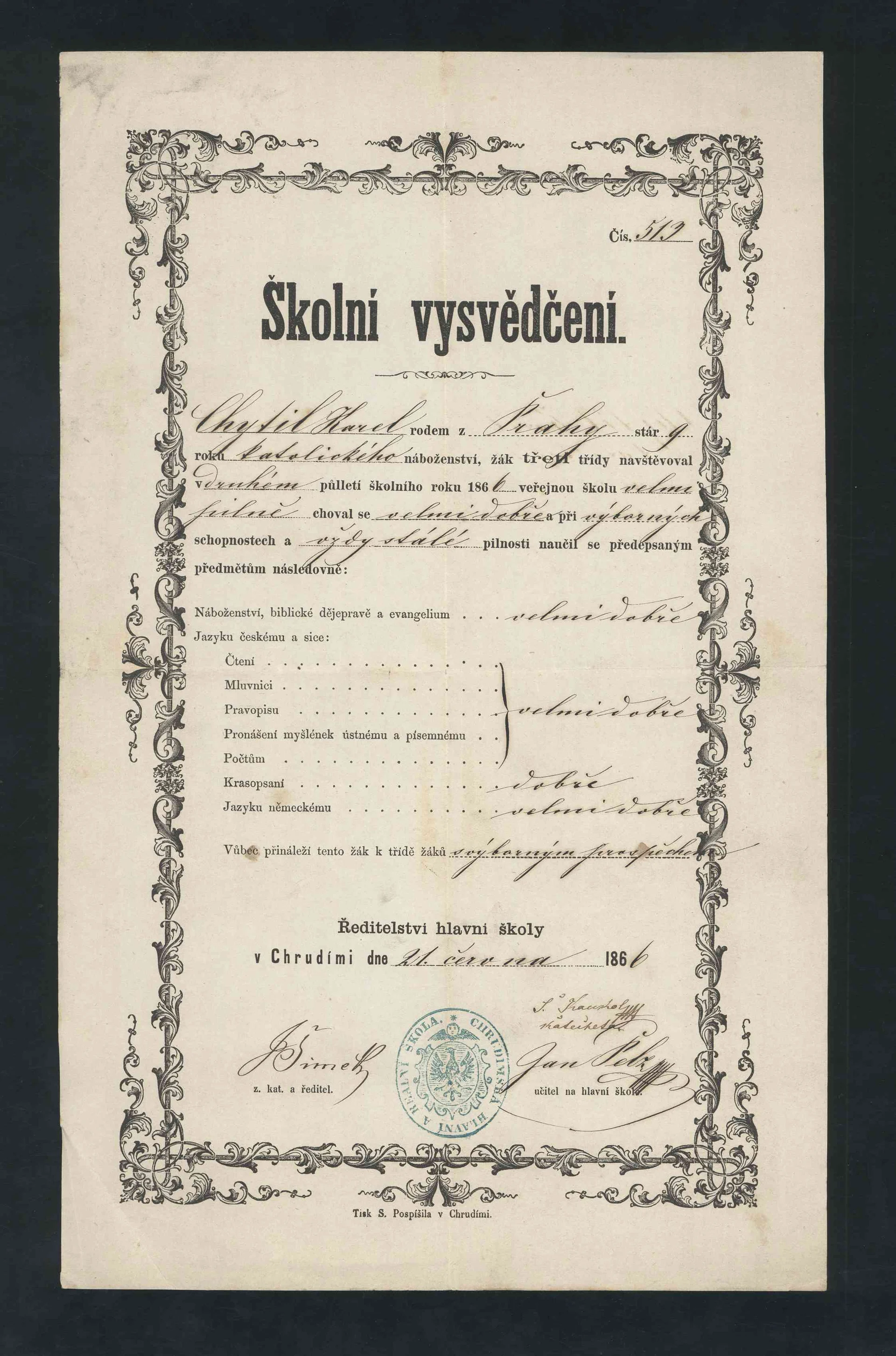 Náhledový obrázek předmětu Výroční vysvědčení z III. třídy hlavní a reálné školy v Chrudimi, Karel Chytil