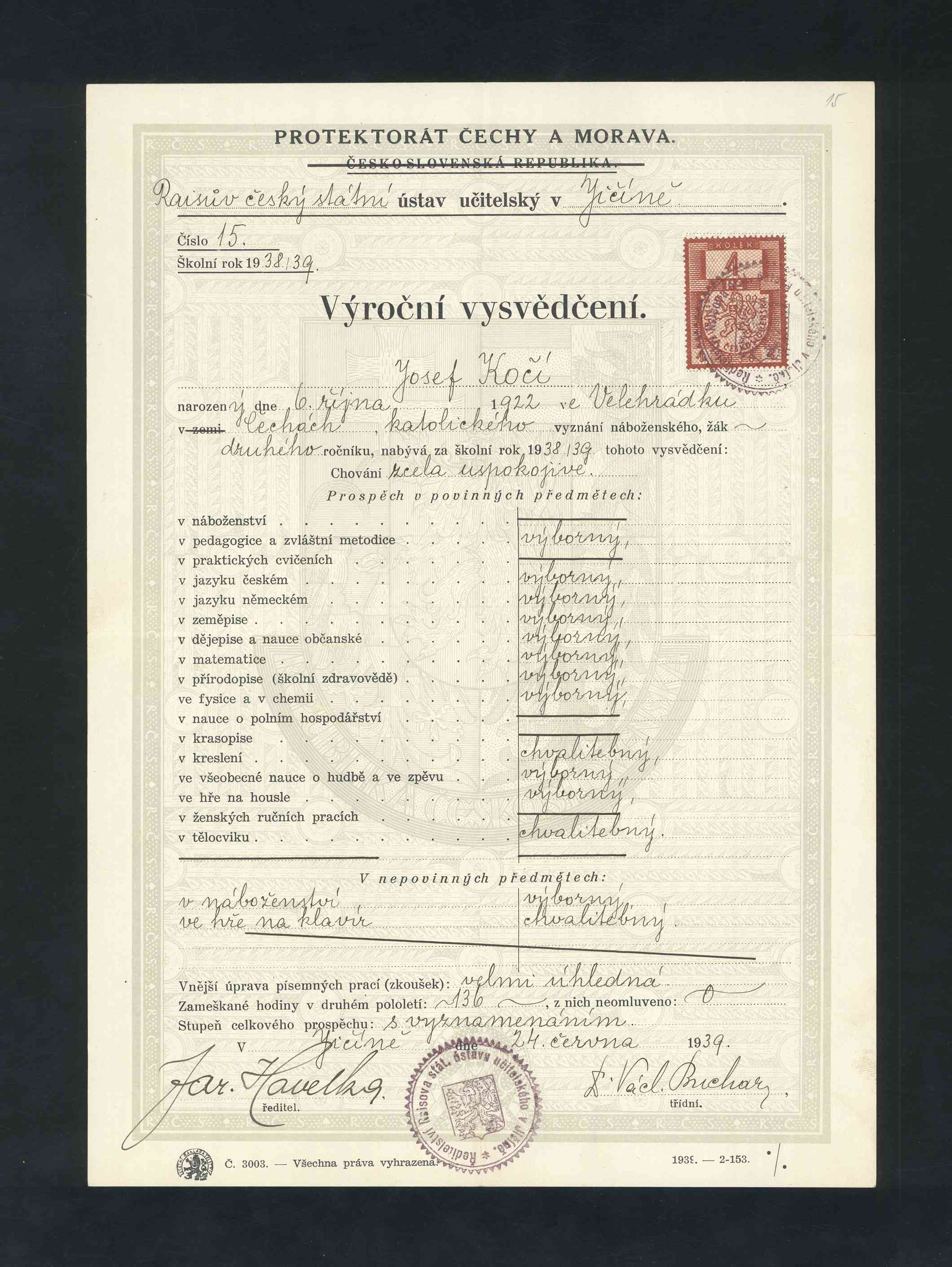 Náhledový obrázek Vysvědčení z II. ročníku Raisova ústavu učitelského v Jičíně - Josef  Kočí - 1