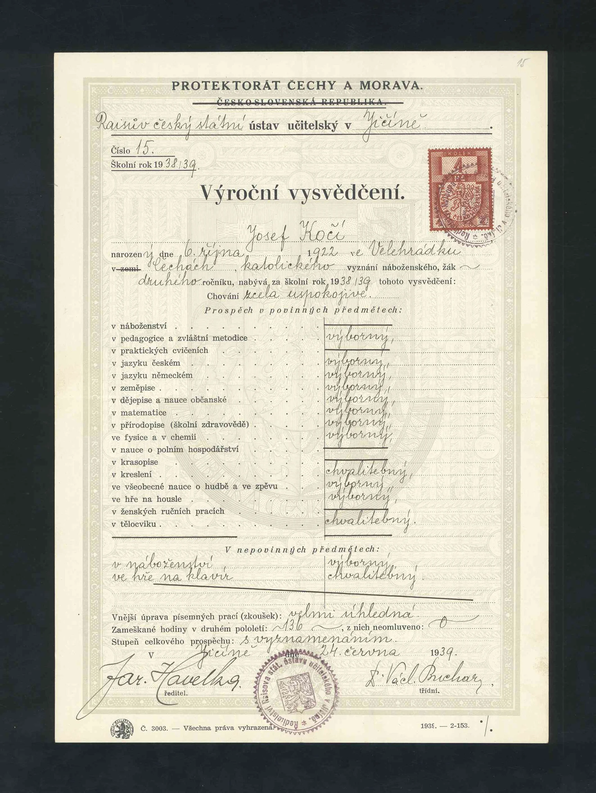 Náhledový obrázek předmětu Vysvědčení z II. ročníku Raisova ústavu učitelského v Jičíně - Josef  Kočí