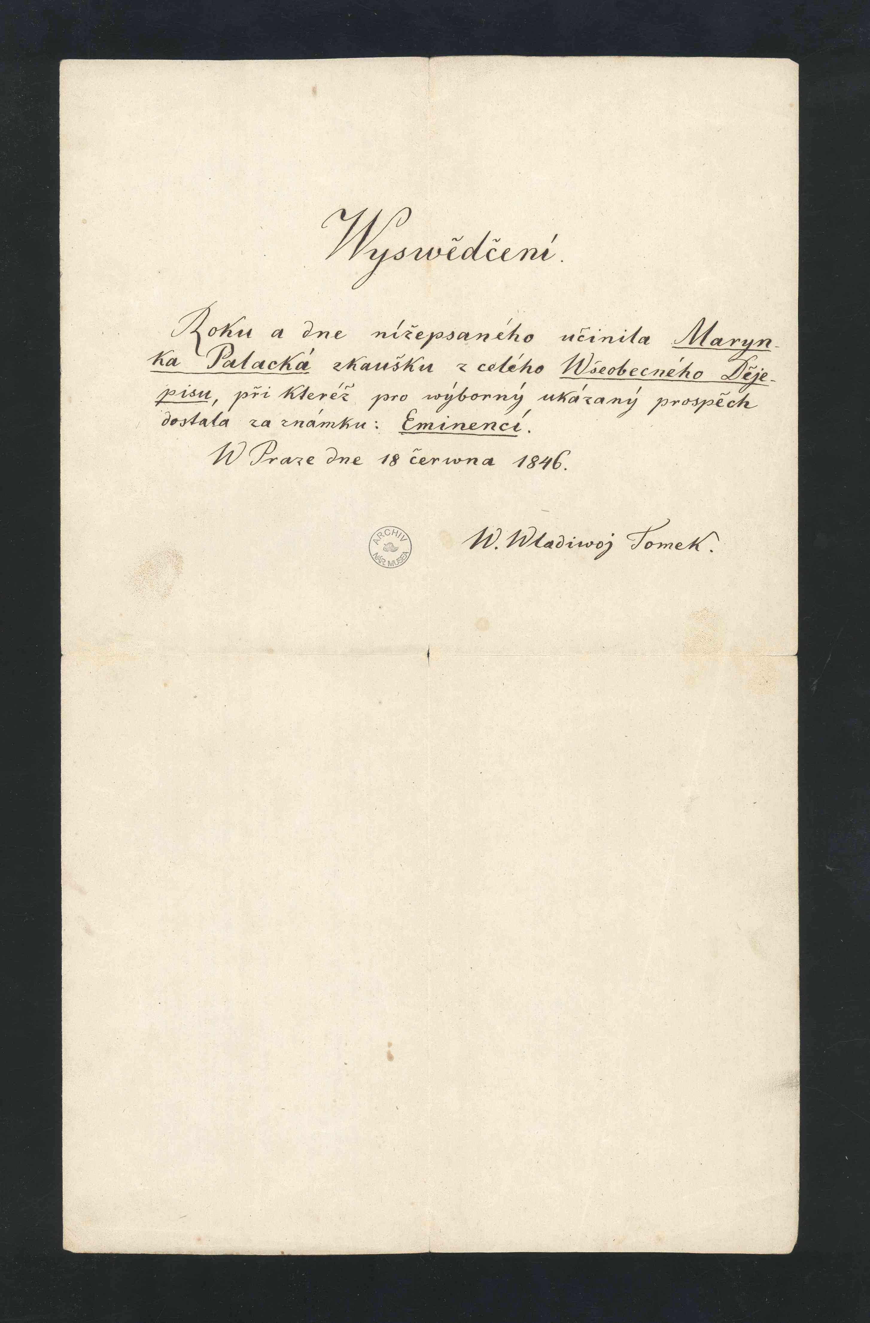 Náhledový obrázek Vysvědčení o zkoušce z všeobecného dějepisu, podepsané V. V. Tomkem - Marie Riegrová - 1