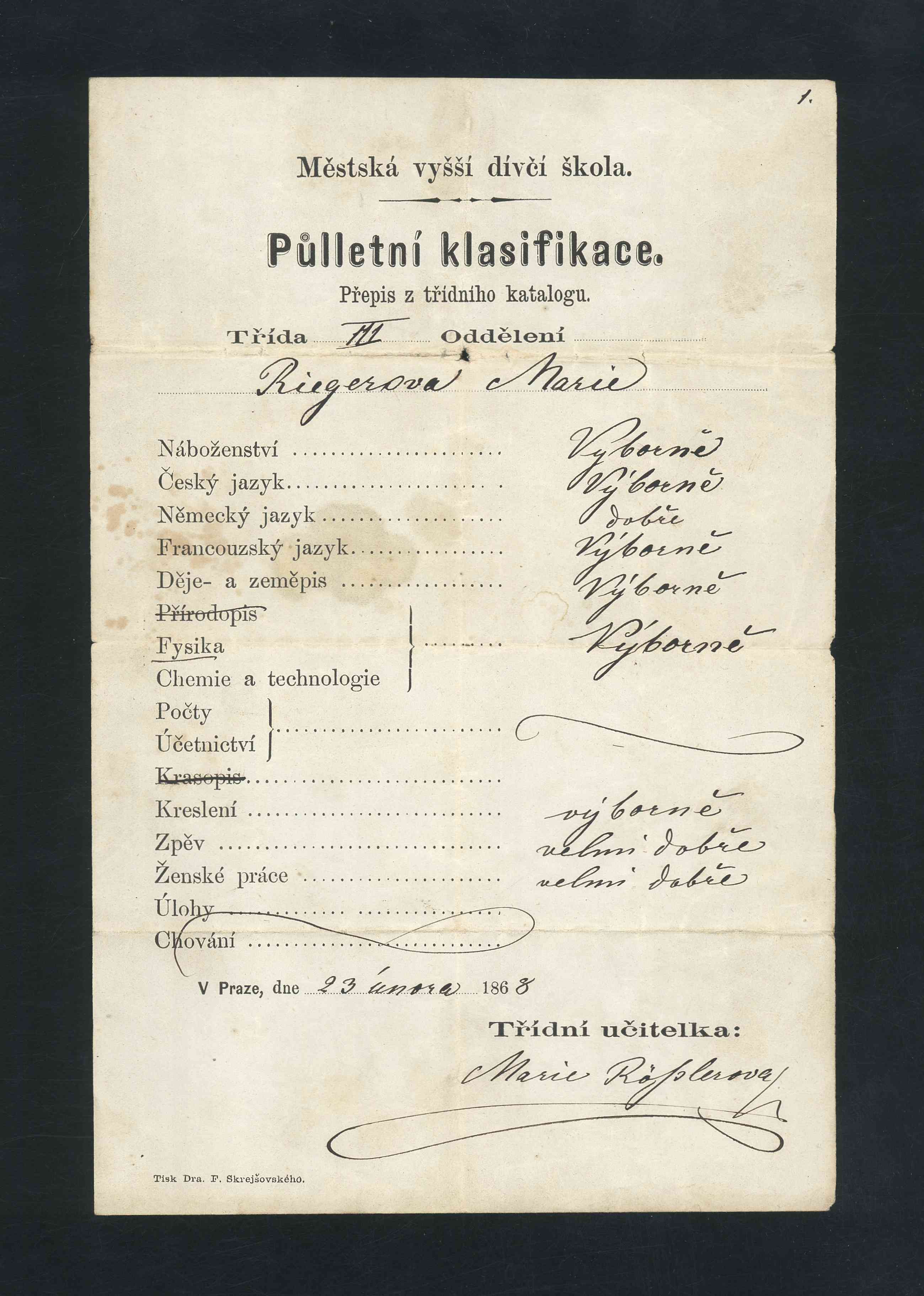 Náhledový obrázek Pololetní vysvědčení z III. třídy Městské vyšší dívčí školy - 1
