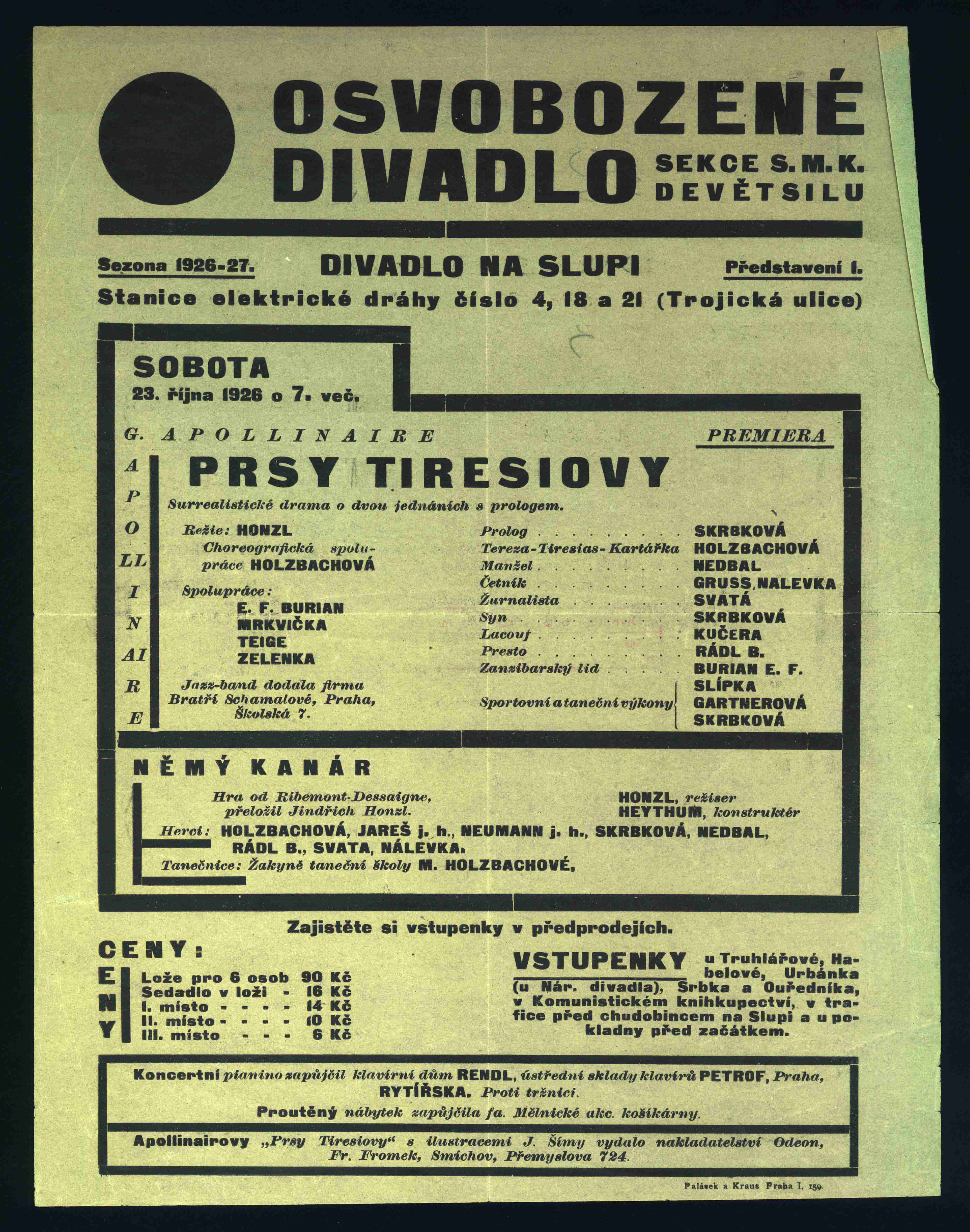 Náhledový obrázek Plakát Osvobozeného divadla: G. Apollinaire: Prsy Tiresiovy, G. Ribemont-Dessaignes: Němý kanár - 1