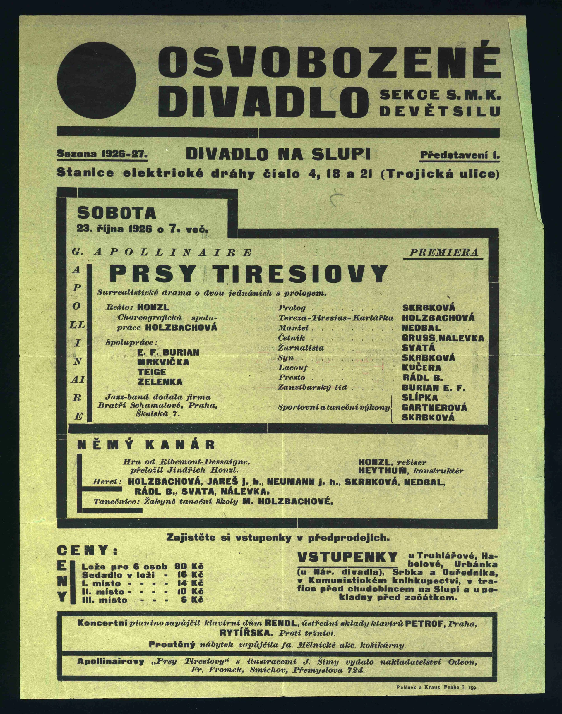 Náhledový obrázek předmětu Plakát Osvobozeného divadla: G. Apollinaire: Prsy Tiresiovy, G. Ribemont-Dessaignes: Němý kanár
