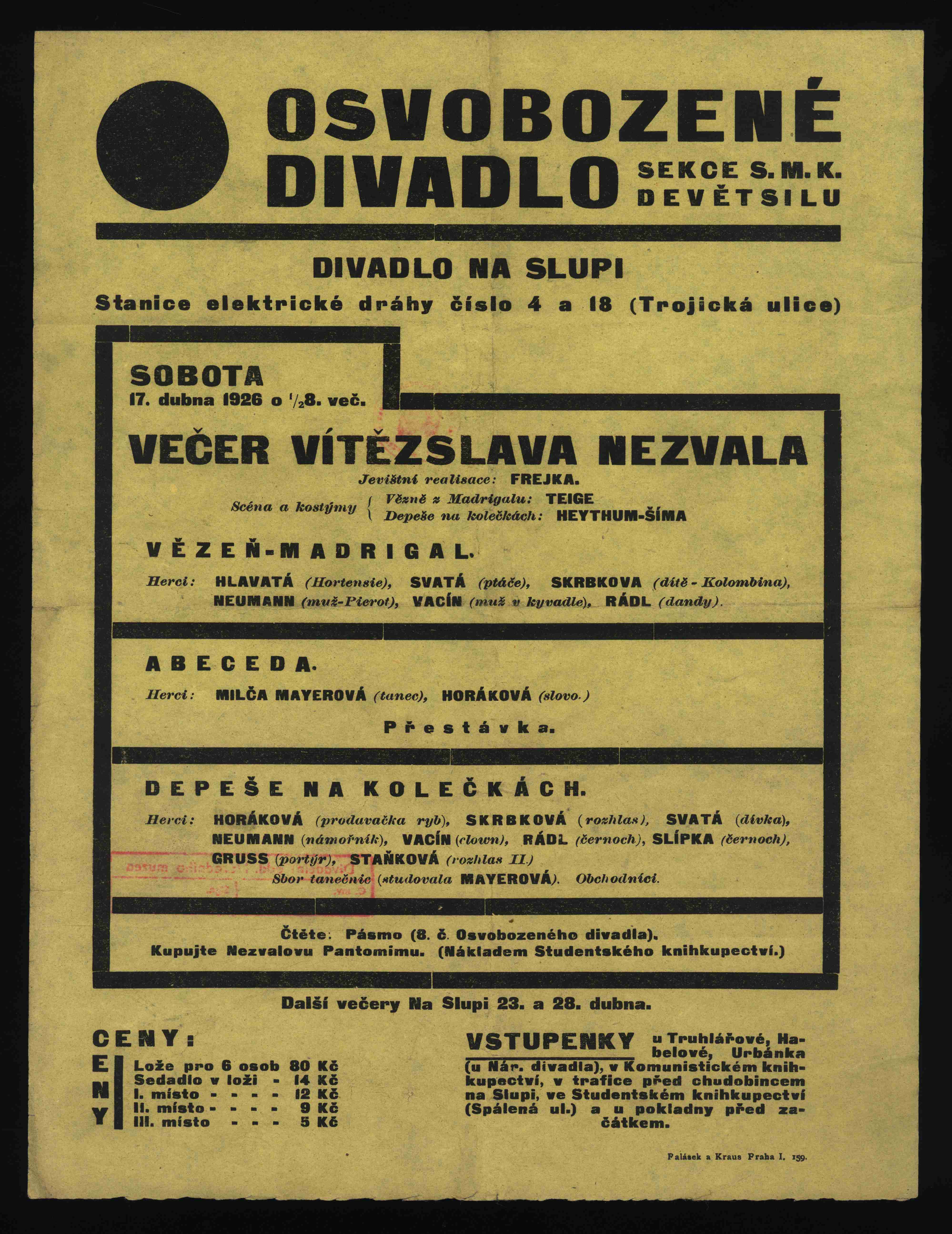 Náhledový obrázek Plakát Osvobozeného divadla: Večer Vítězslava Nezvala - 1