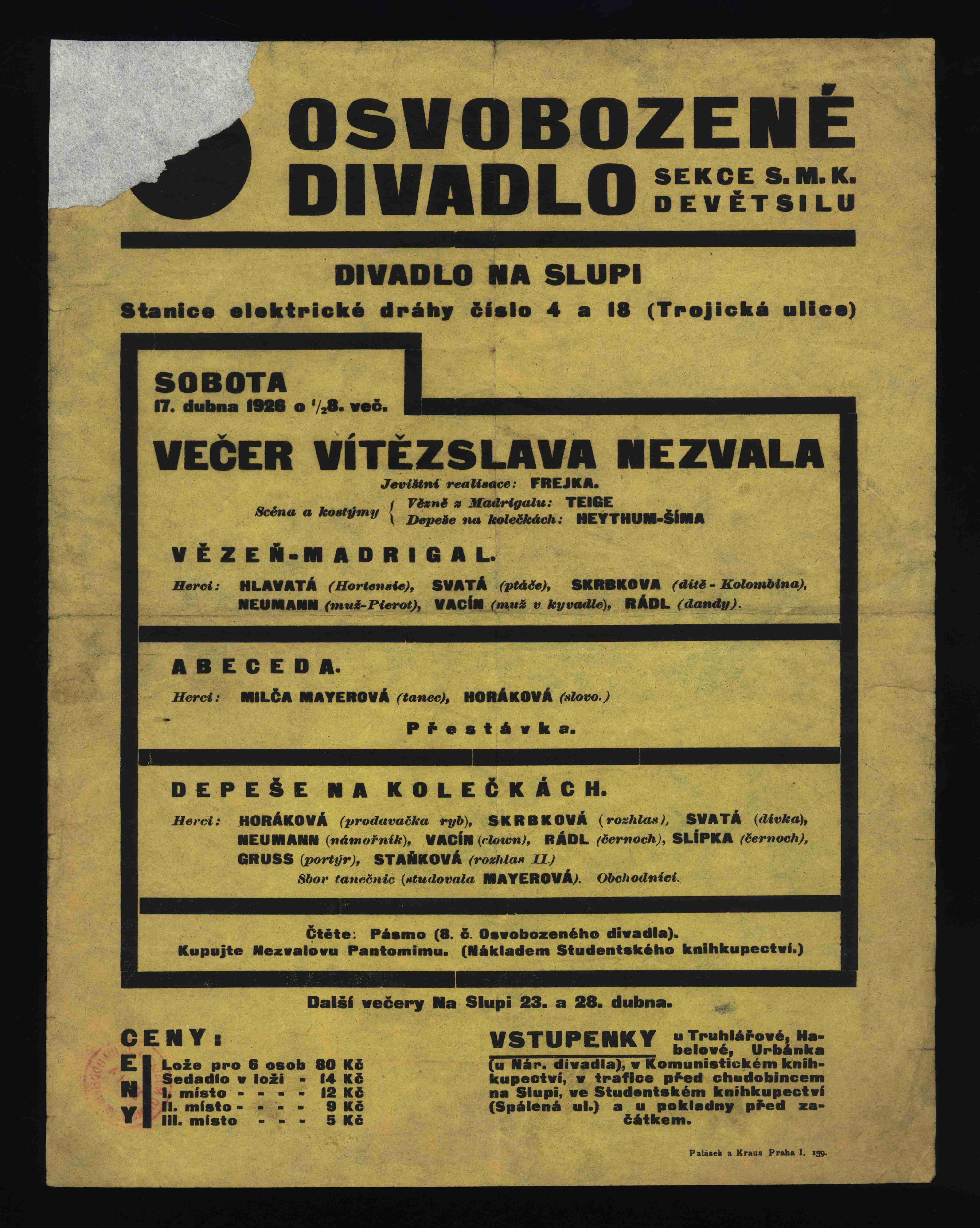 Náhledový obrázek Plakát Osvobozeného divadla: Večer Vítězslava Nezvala - 1