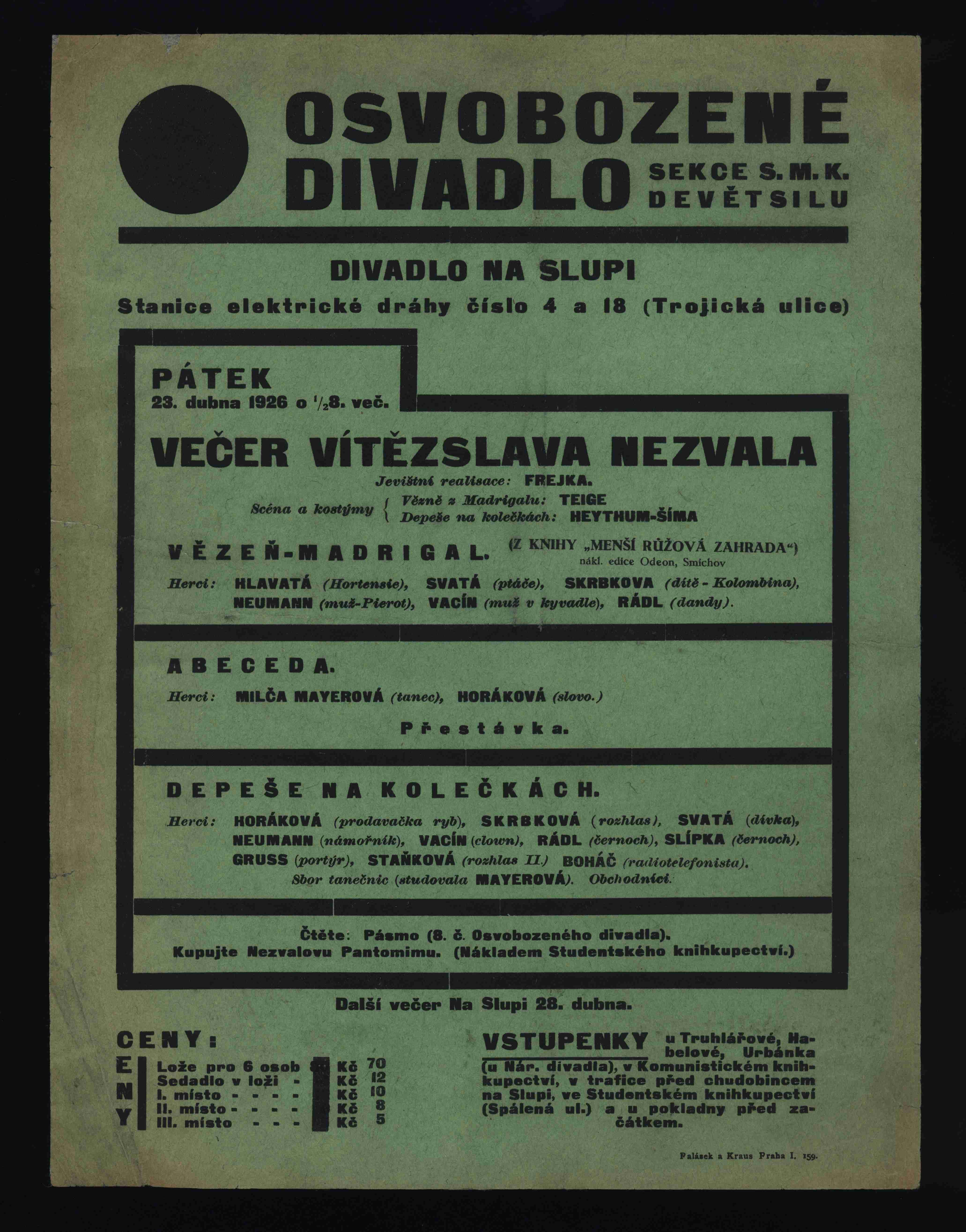 Náhledový obrázek Plakát Osvobozeného divadla: Večer Vítězslava Nezvala - 1