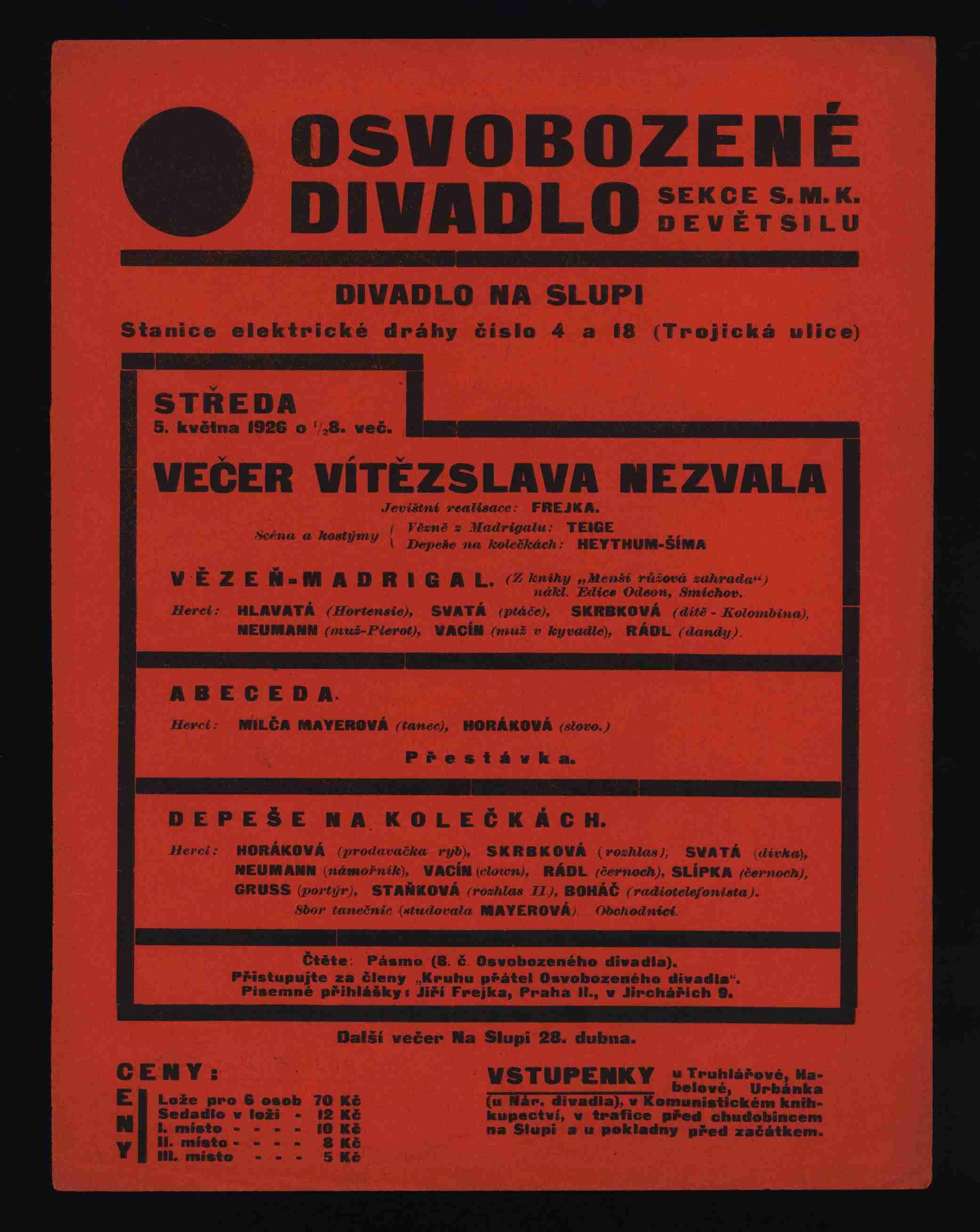 Náhledový obrázek Plakát Osvobozeného divadla: Večer Vítězslava Nezvala - 1