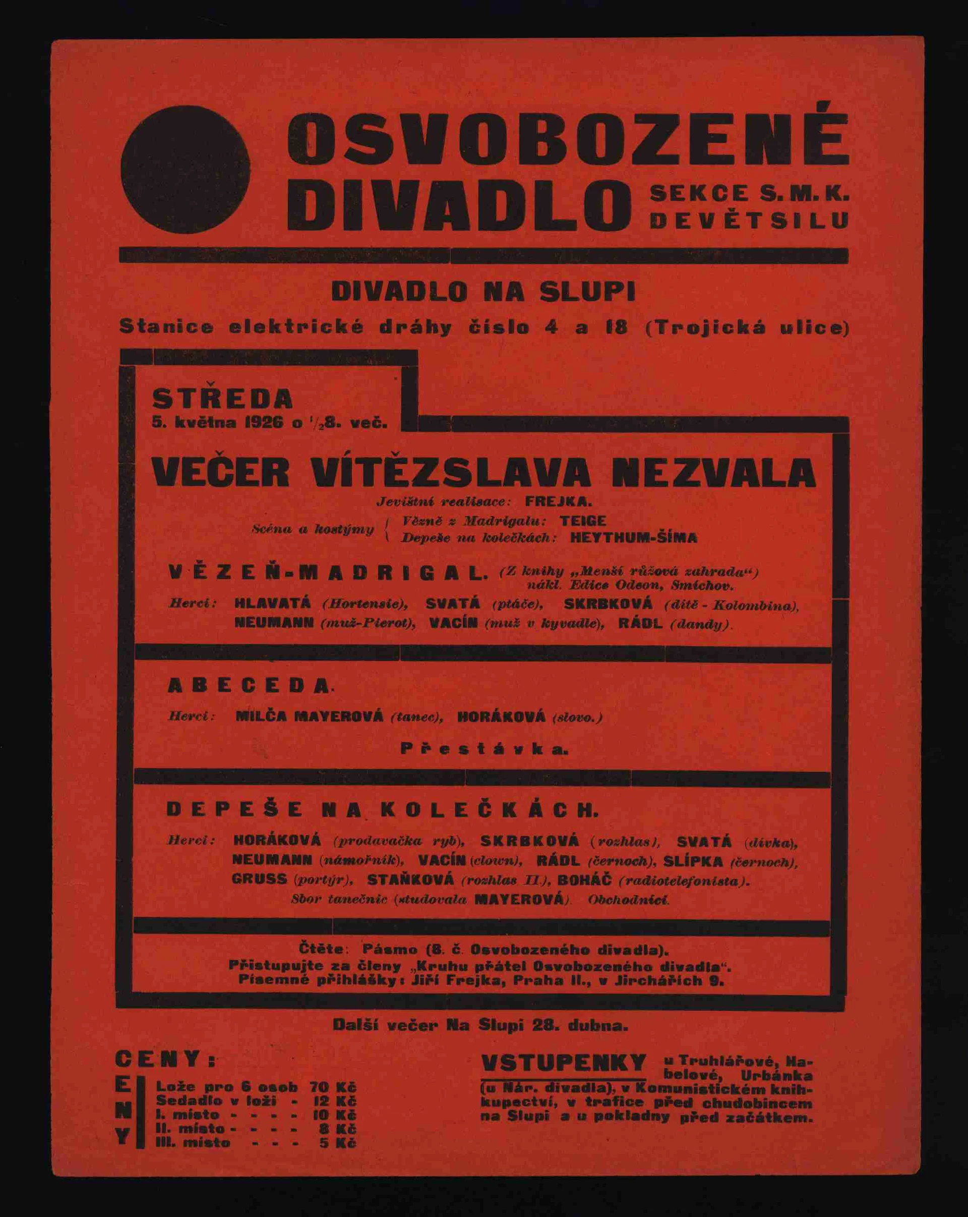Náhledový obrázek předmětu Plakát Osvobozeného divadla: Večer Vítězslava Nezvala