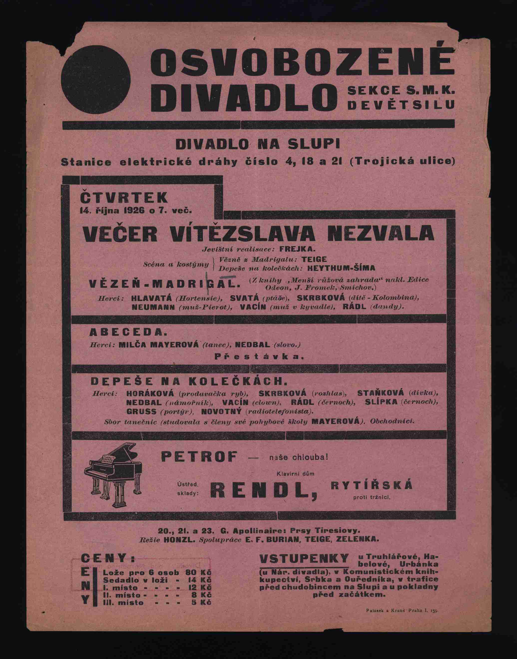 Náhledový obrázek Plakát Osvobozeného divadla: Večer Vítězslava Nezvala - 1