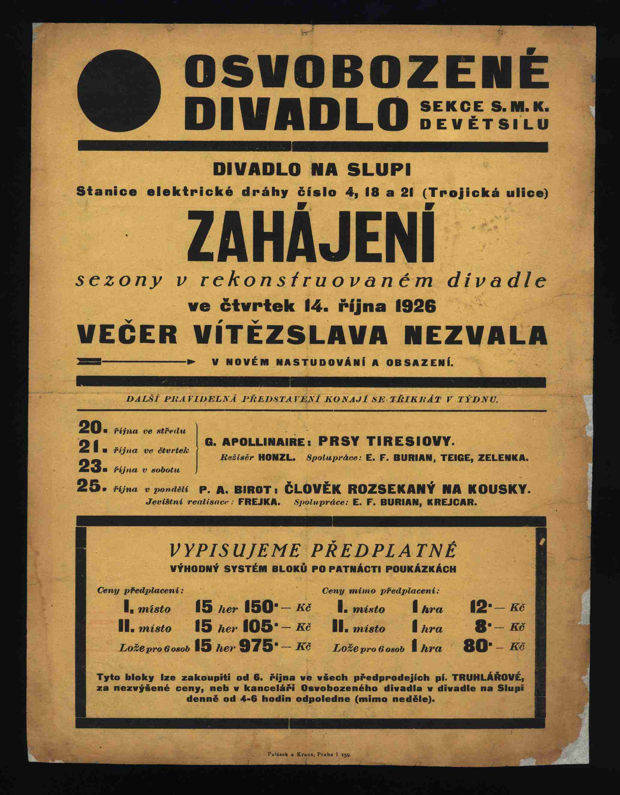 Náhledový obrázek Plakát Osvobozeného divadla: Večer Vítězslava Nezvala (zahájení sezóny v rekonstruovaném divadle) - 1