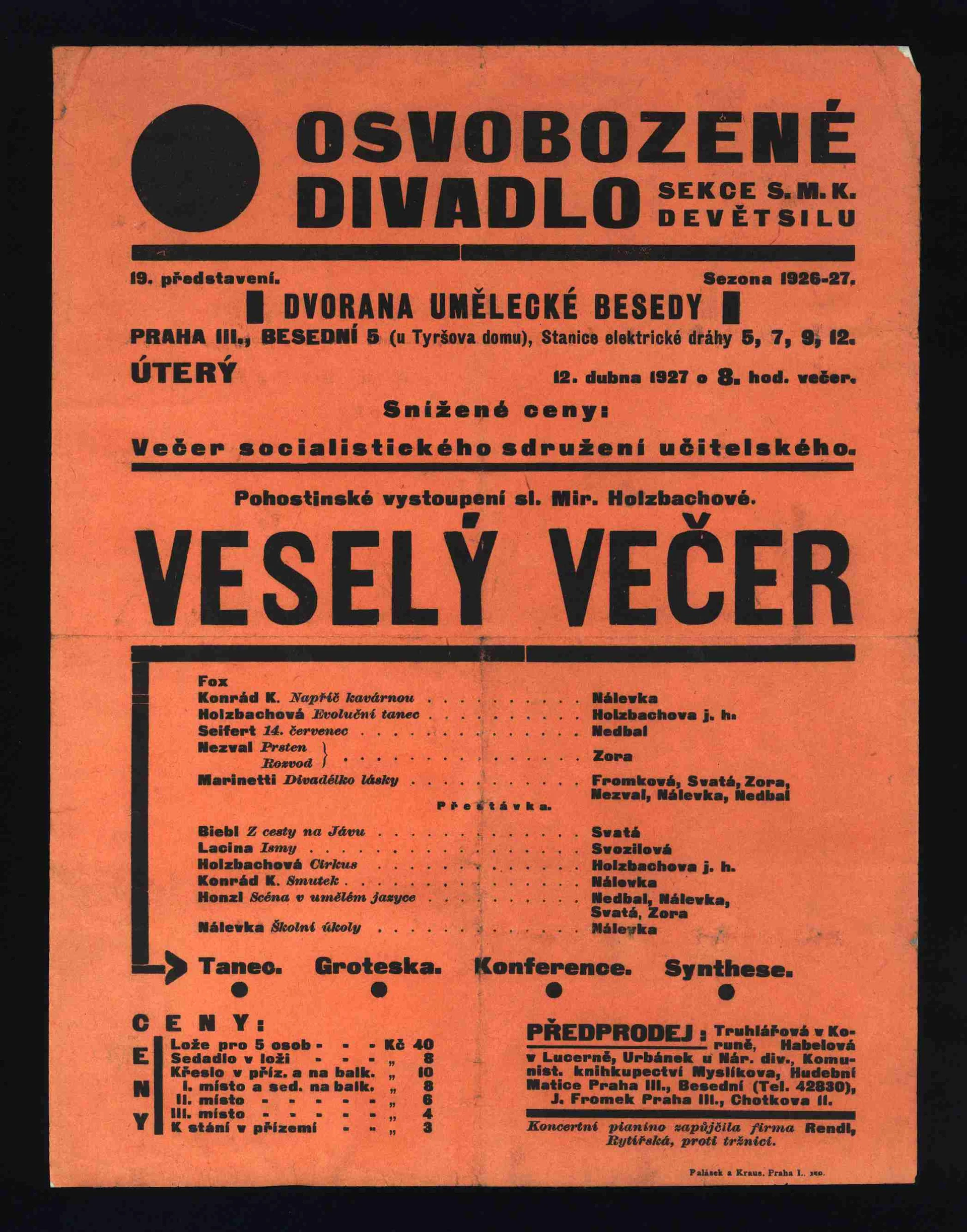 Náhledový obrázek předmětu Plakát Osvobozeného divadla: Veselý večer (pohostinský večer M. Holzbachové)