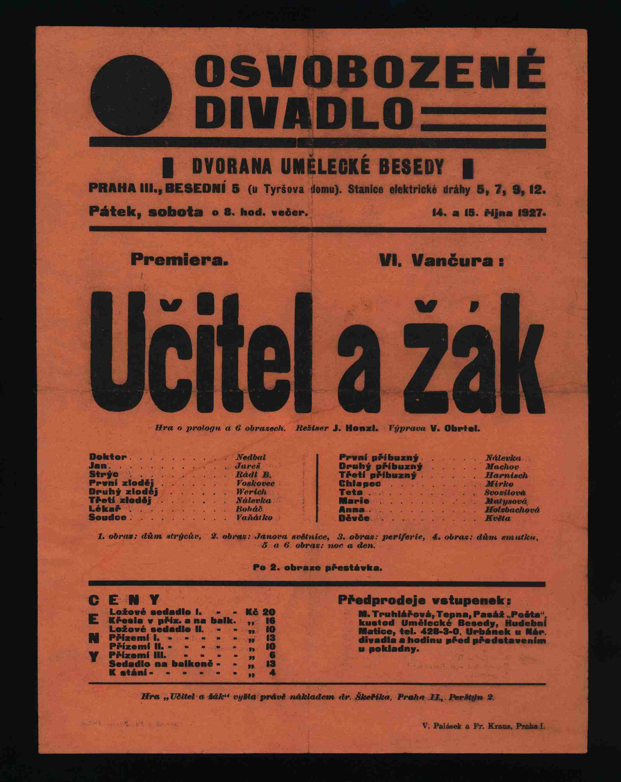 Náhledový obrázek Plakát Osvobozeného divadla: V. Vančura: Učitel a žák - 1