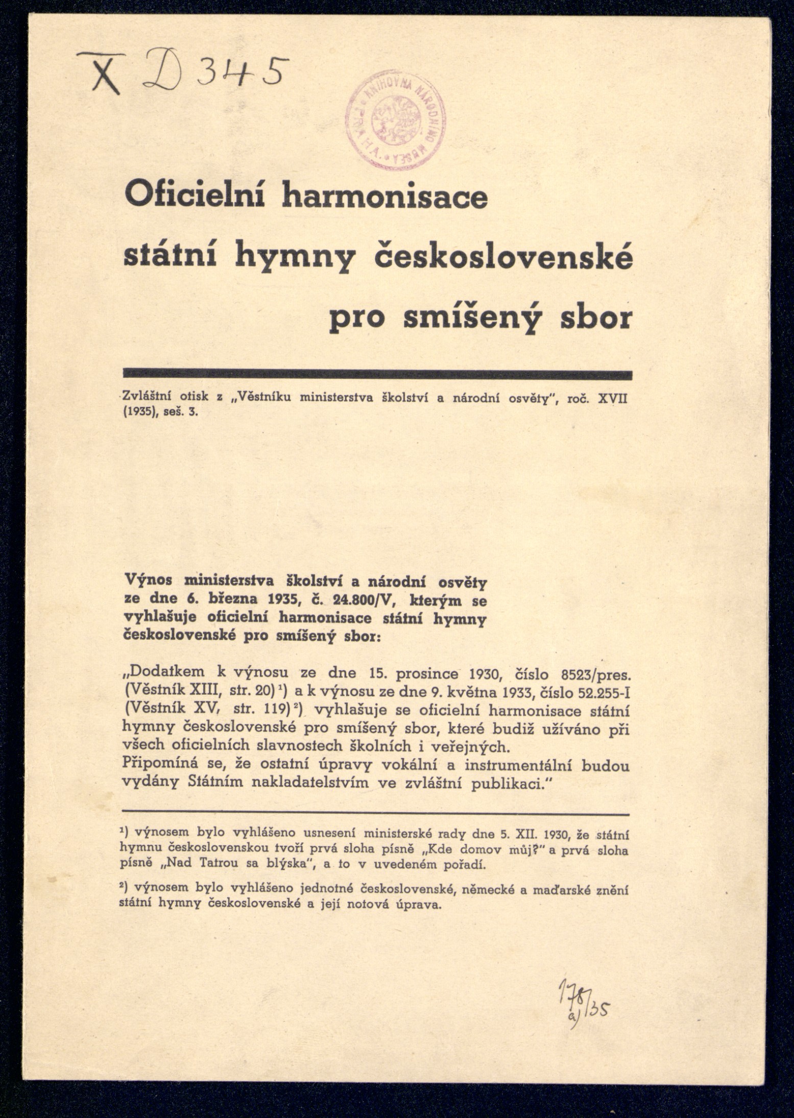 Náhledový obrázek Oficiální harmonizace státní hymny československé pro smíšený sbor - 1