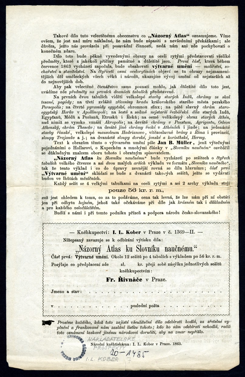 Náhledový obrázek Nakladatelský prospekt na Názorný atlas k Slovníku naučnému F. L. Riegra nakladatele Ignáce Leopolda Kobera - 2