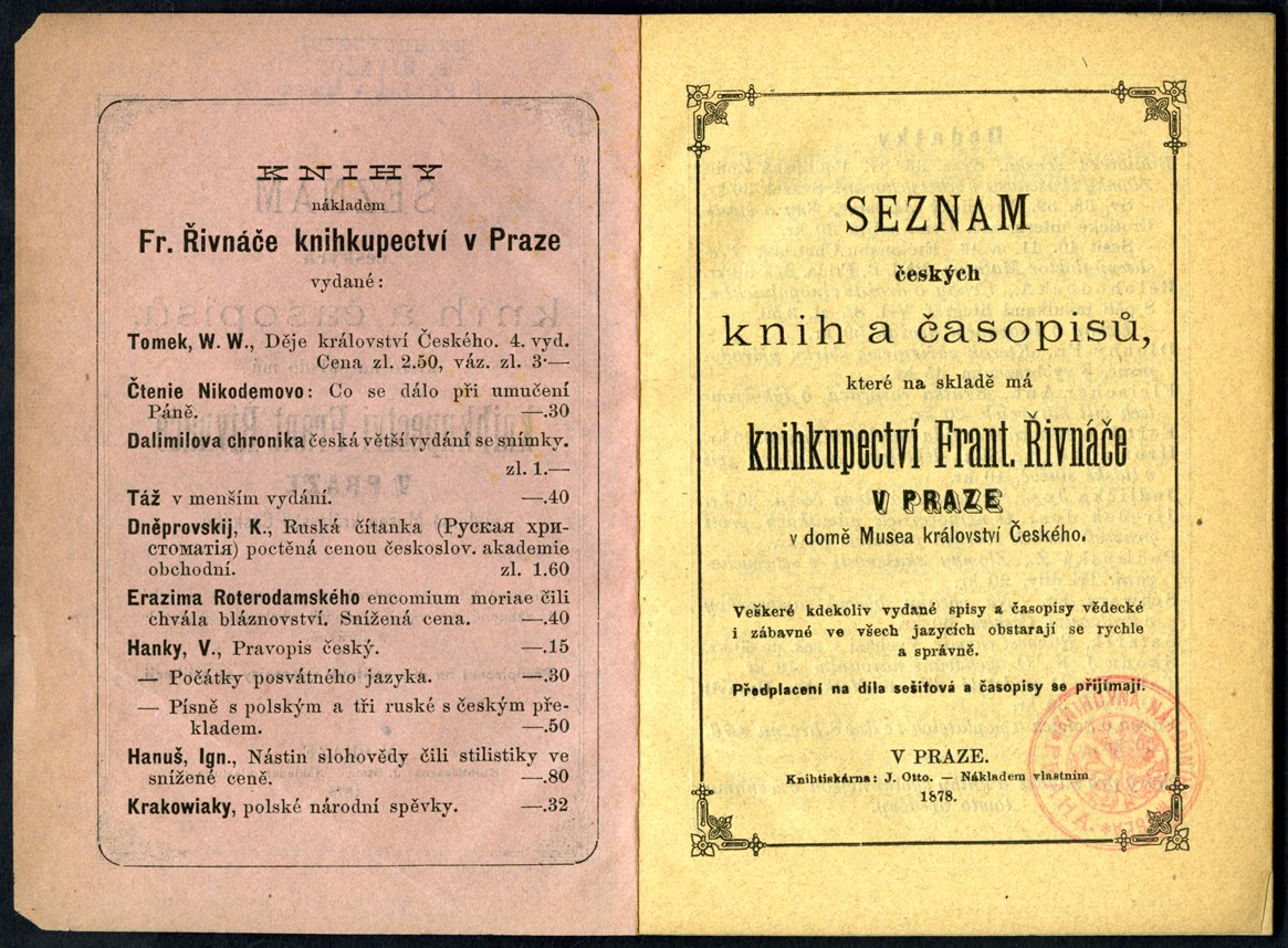 Náhledový obrázek Seznam českých knih a časopisů, které byly nabízeny v pražském knihkupectví Františka Řivnáče - 2
