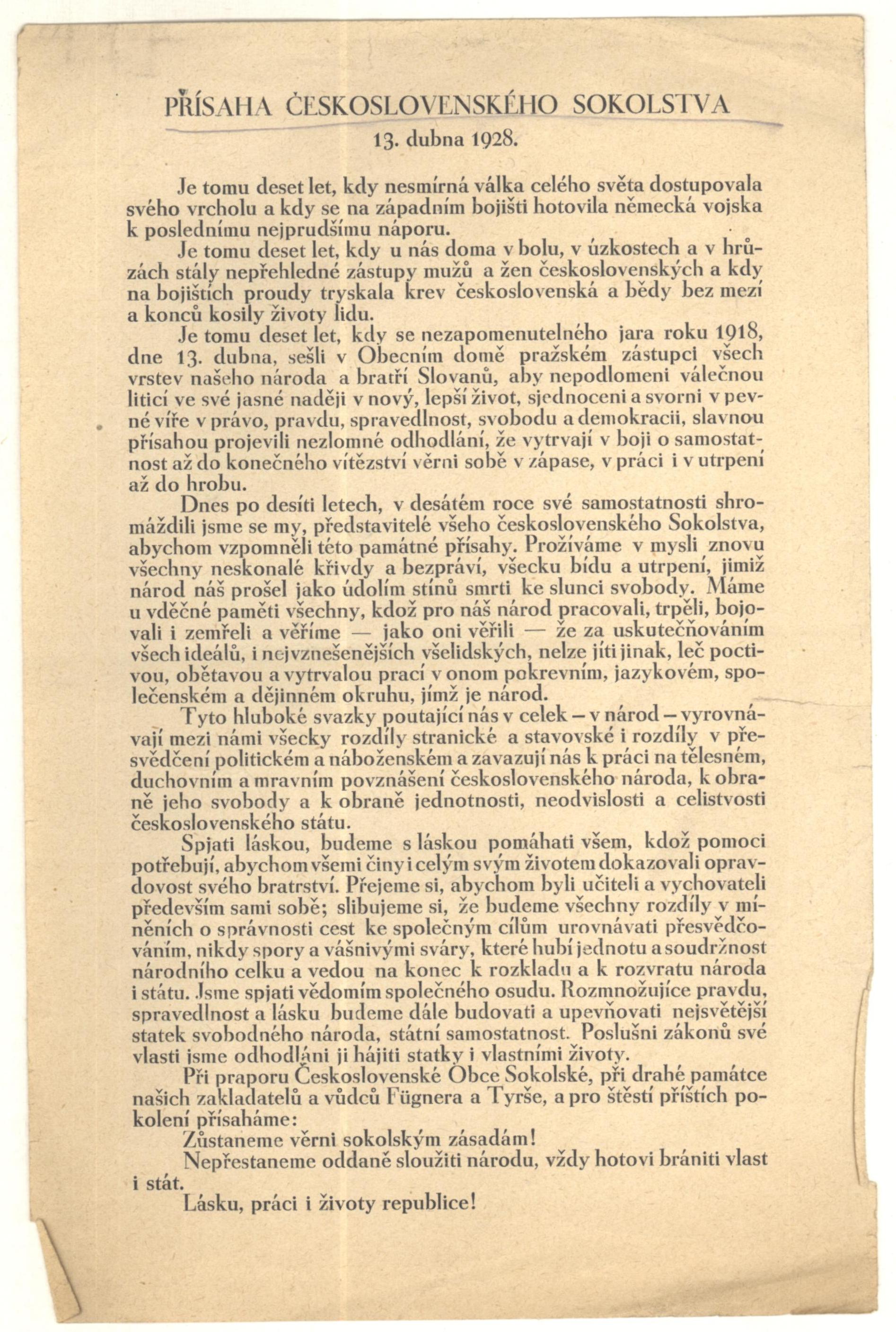 Náhledový obrázek Oslavy výročí sokolské přísahy z r. 1918 - 1