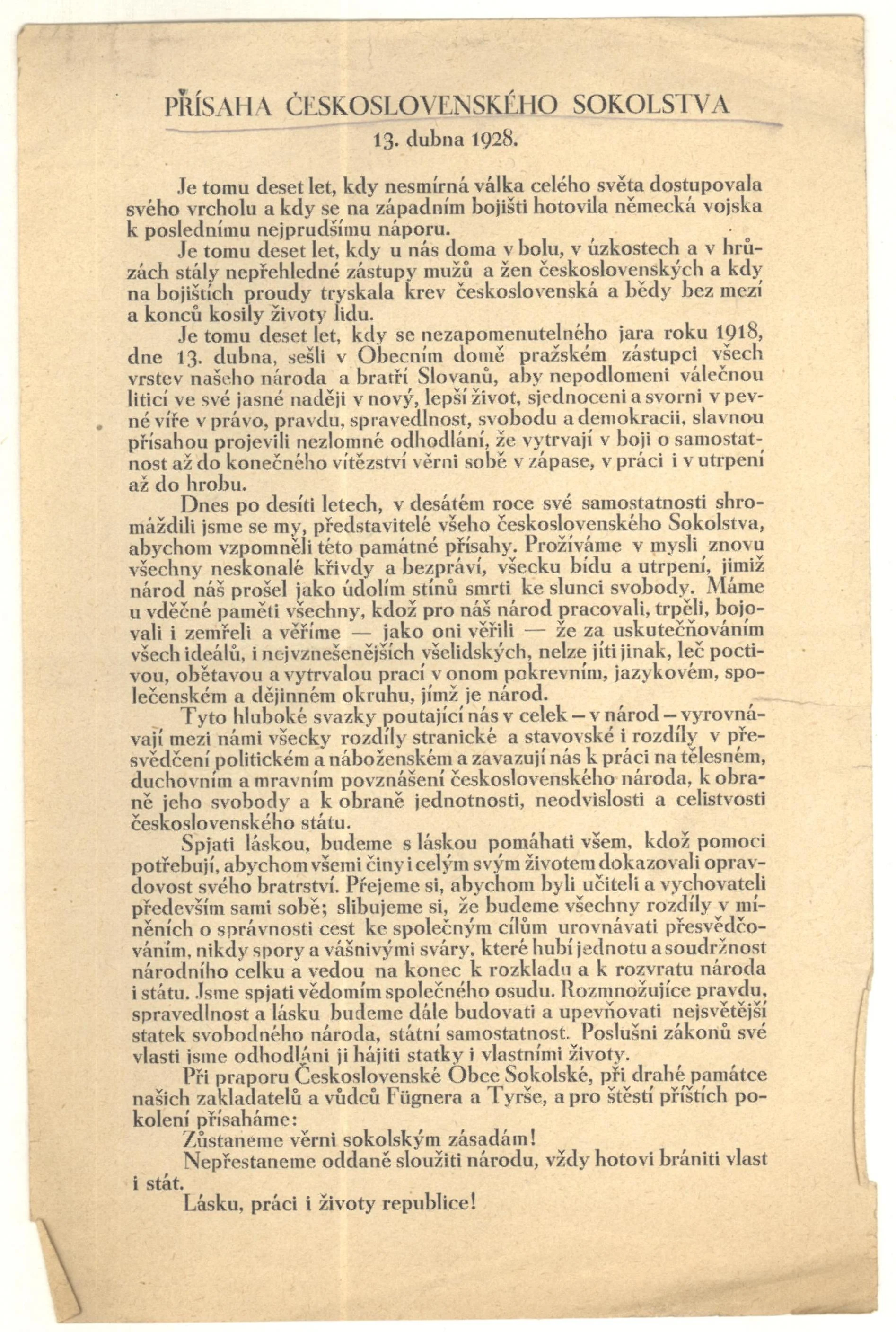Náhledový obrázek předmětu Oslavy výročí sokolské přísahy z r. 1918