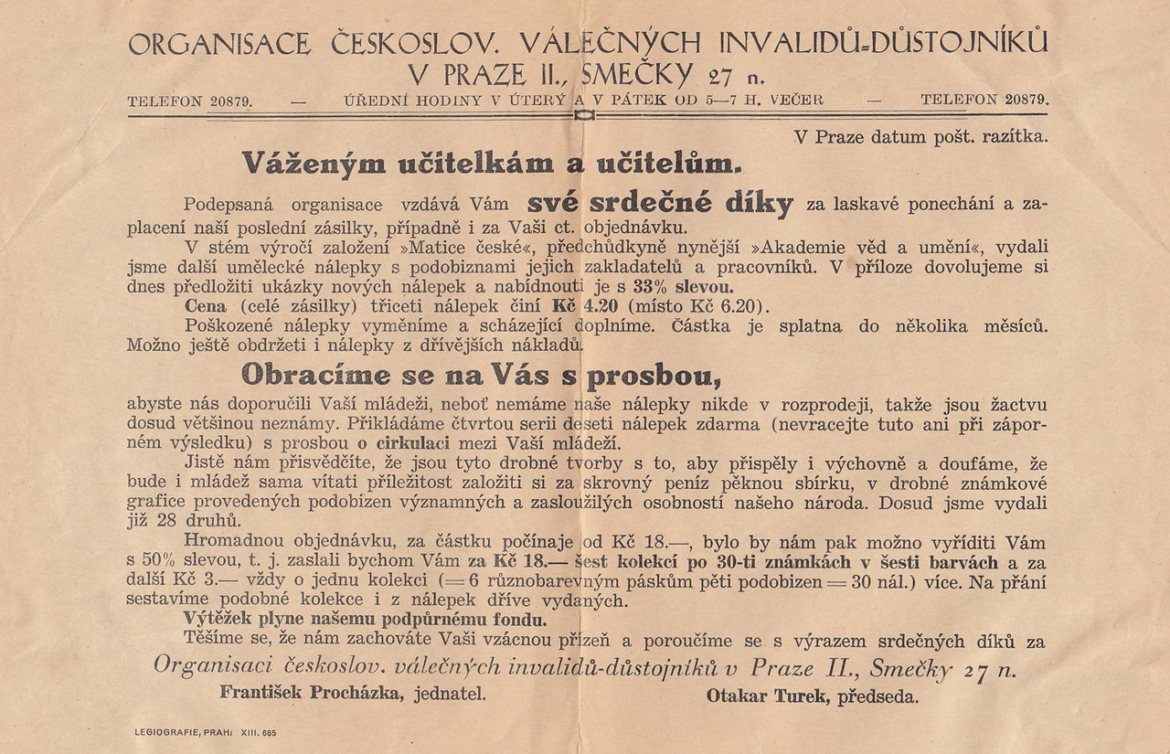 Náhledový obrázek Propagační materiál organizace československých válečných invalidů-důstojníků - 1