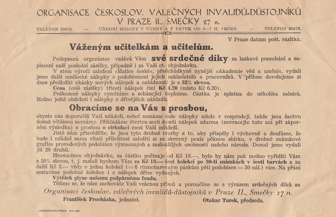 Obrázek Propagační materiál organizace československých válečných invalidů-důstojníků