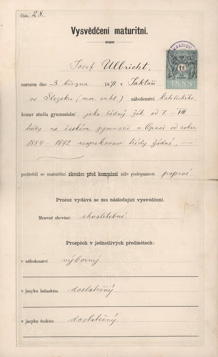 Náhledový obrázek Maturitní vysvědčení Josefa Ullbrichta z českého gymnázia v Opavě - 2