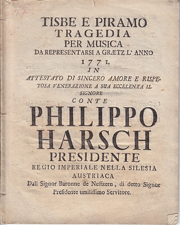 Náhledový obrázek Tištěné libreto: Tisbe e Piramo Tragedia per musica da representarsi a Graetz l´anno 1771 - 1