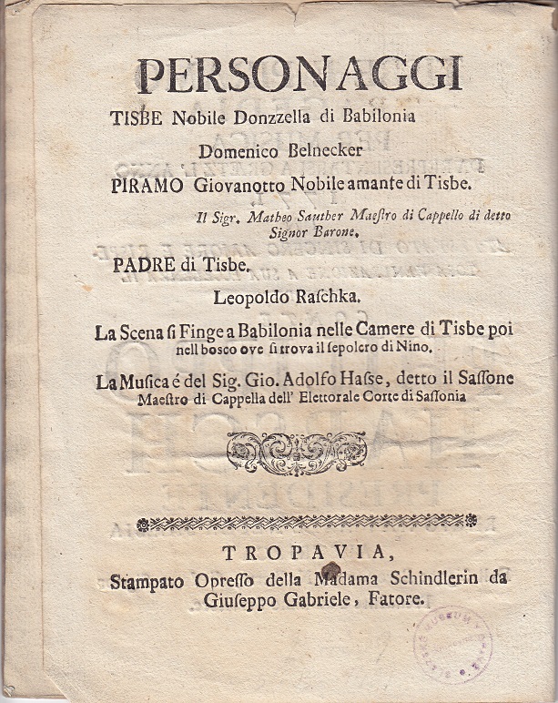 Náhledový obrázek Tištěné libreto: Tisbe e Piramo Tragedia per musica da representarsi a Graetz l´anno 1771 - 2
