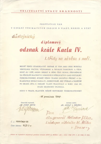 Náhledový obrázek předmětu Dekret k Diplomovému odznaku krále Karla IV. I. Třídy
