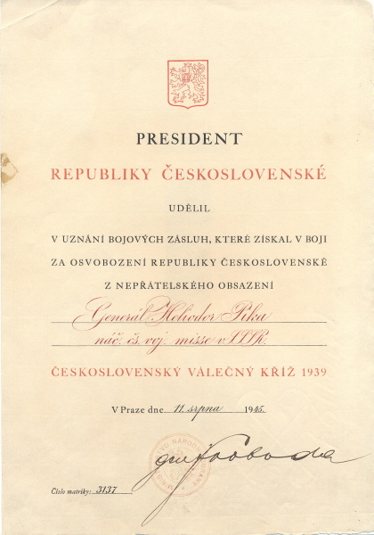 Náhledový obrázek Dekret k Československému válečnému kříži 1939 - 1