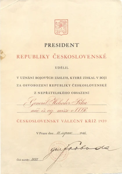 Náhledový obrázek předmětu Dekret k Československému válečnému kříži 1939
