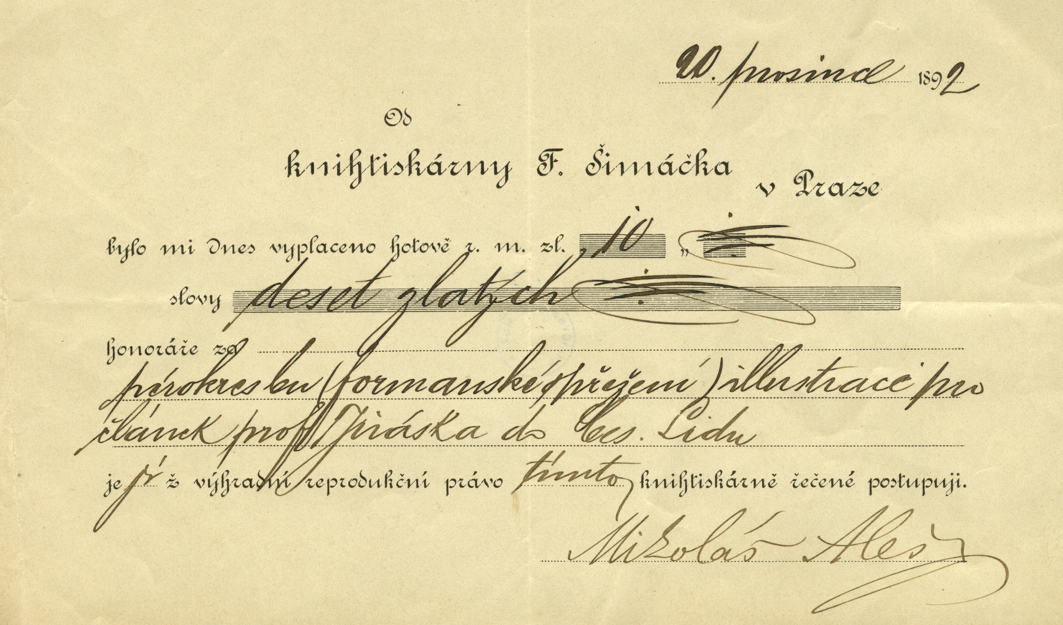 Náhledový obrázek Stvrzenka na honorář pro Mikoláše Alše za ilustraci k článku Aloise Jiráska Formané v Českém lidu - 1
