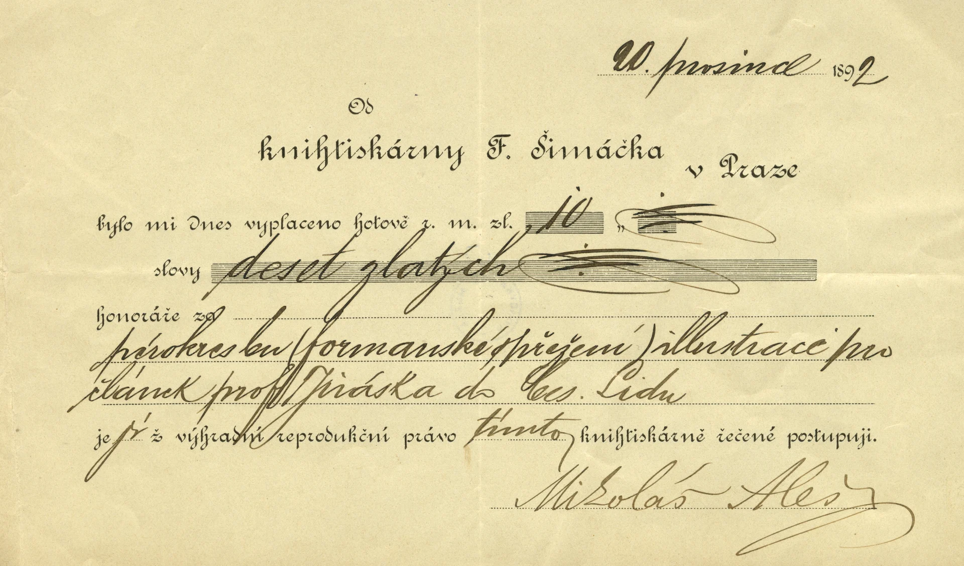 Náhledový obrázek předmětu Stvrzenka na honorář pro Mikoláše Alše za ilustraci k článku Aloise Jiráska Formané v Českém lidu