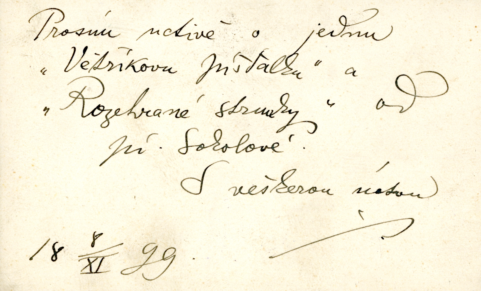 Náhledový obrázek Mikoláš Aleš žádá nakladatelství F. Šimáček o zaslání dvou dětských knih od Vilmy Sokolové s jeho ilustracemi - 1