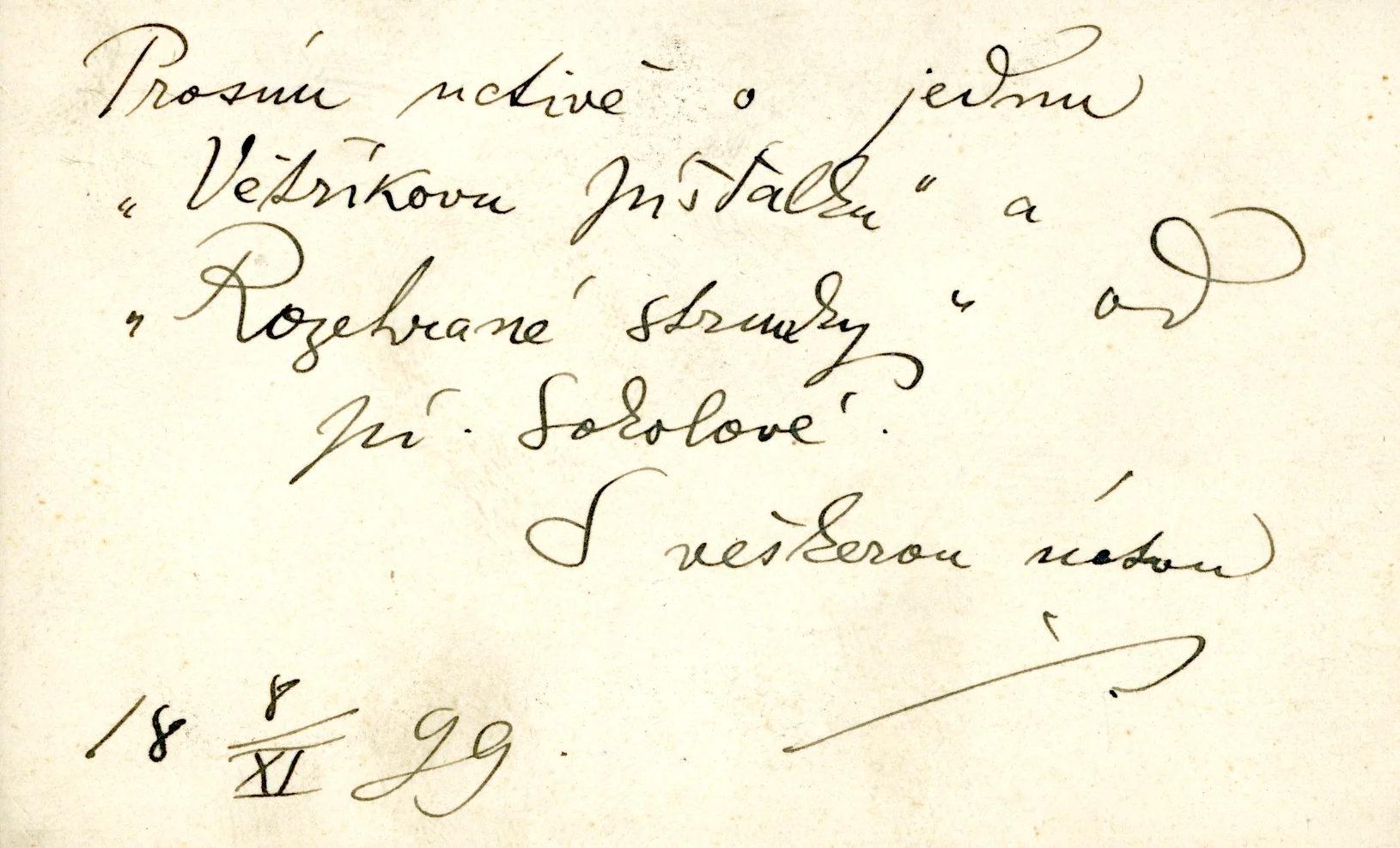Náhledový obrázek předmětu Mikoláš Aleš žádá nakladatelství F. Šimáček o zaslání dvou dětských knih od Vilmy Sokolové s jeho ilustracemi