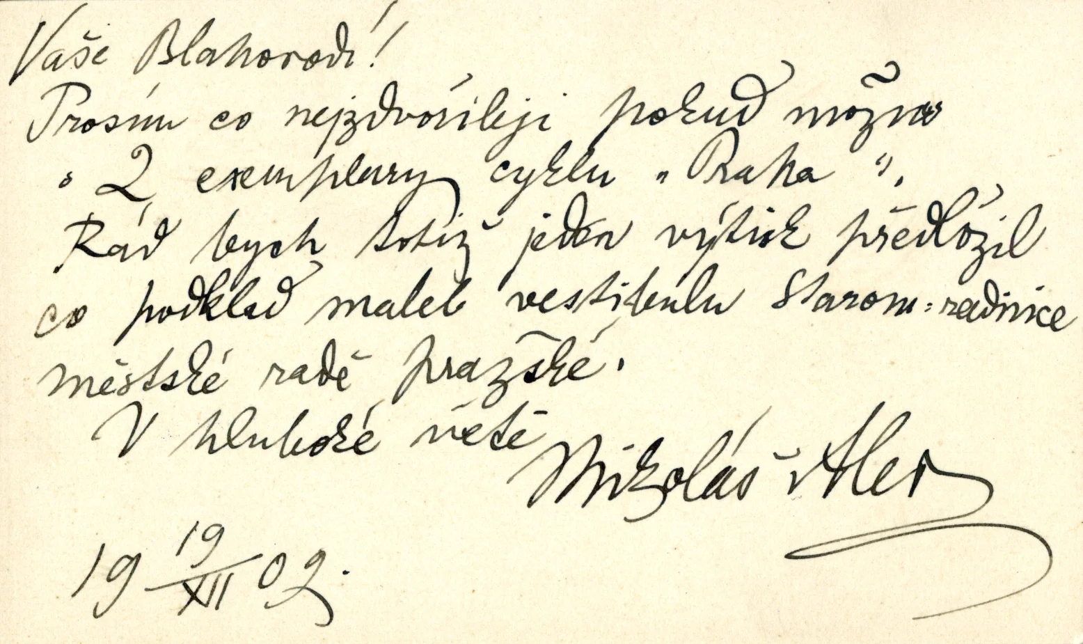 Náhledový obrázek předmětu Mikoláš Aleš žádá nakladatelství F. Šimáček o zaslání knižního vydání Alšova cyklu Praha