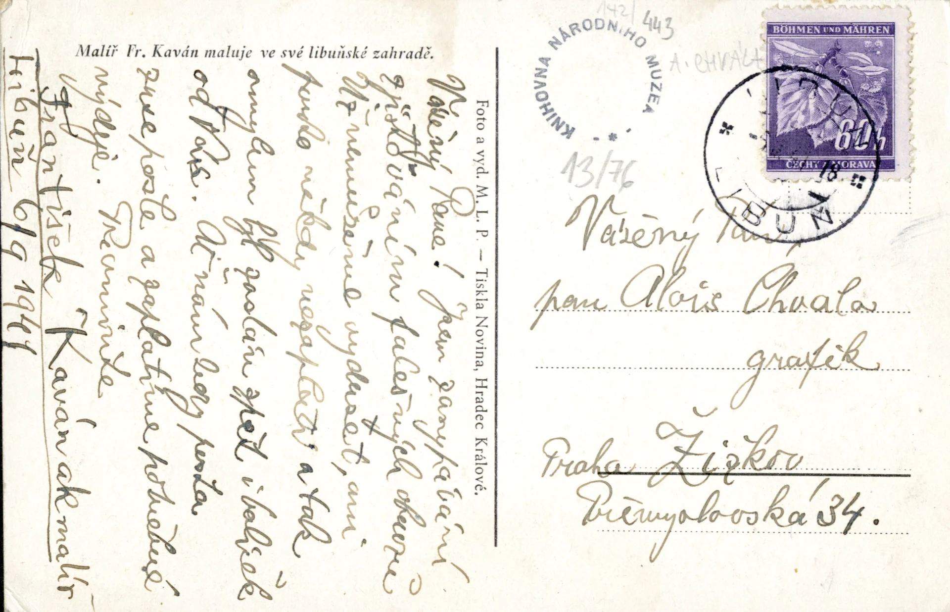 Náhledový obrázek předmětu Pohlednice Františka Kavána typografovi Aloisi Chválovi